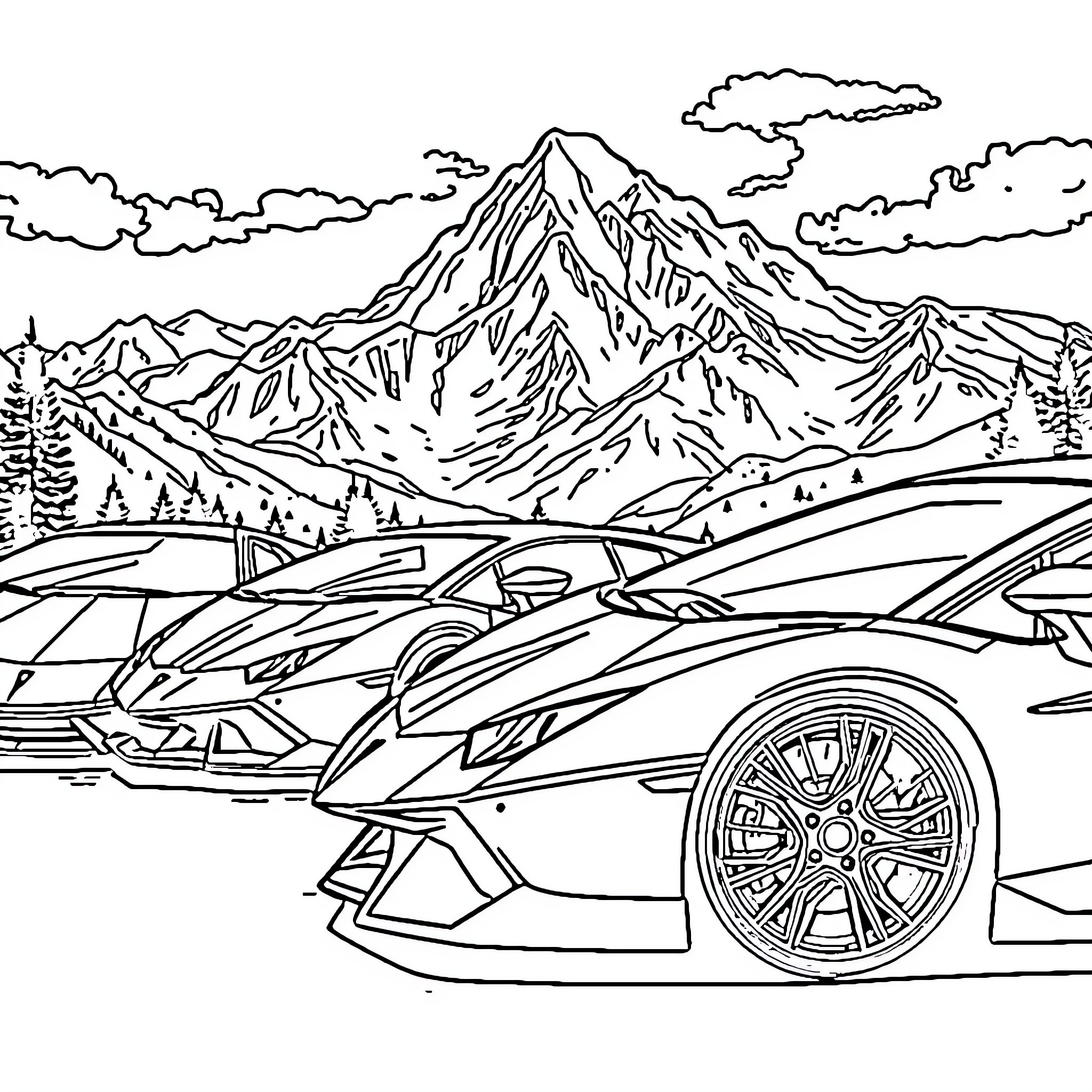 Lamborghini sports cars in a scenic mountain landscape Coloring Page (free black-and-white line drawing printable PDF for all, from beginners to advanced learners, including children, teens, adults, and seniors)