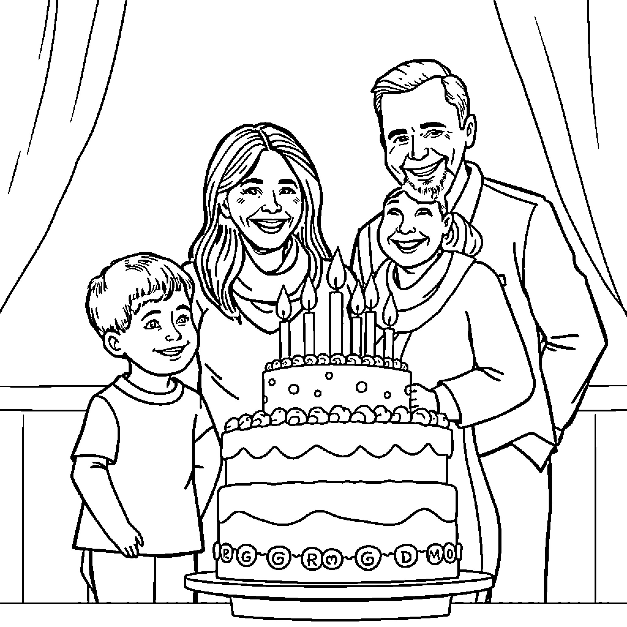 Family Celebrating a Birthday Together Coloring Page (free black-and-white line drawing printable PDF for all, from beginners to advanced learners, including children, teens, adults, and seniors)