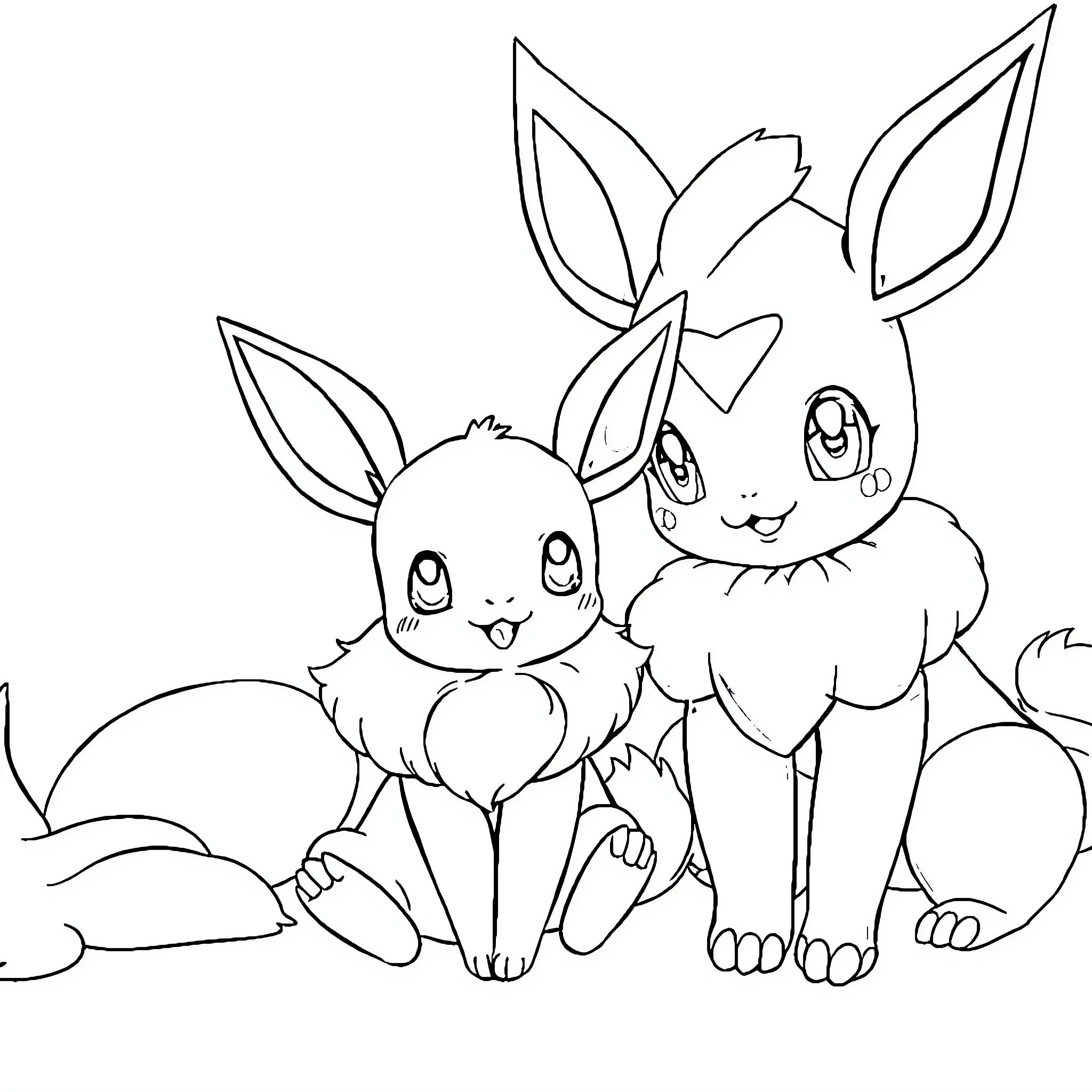 Eevee friends playing together in a field Coloring Page (free black-and-white line drawing printable PDF for all, from beginners to advanced learners, including children, teens, adults, and seniors)