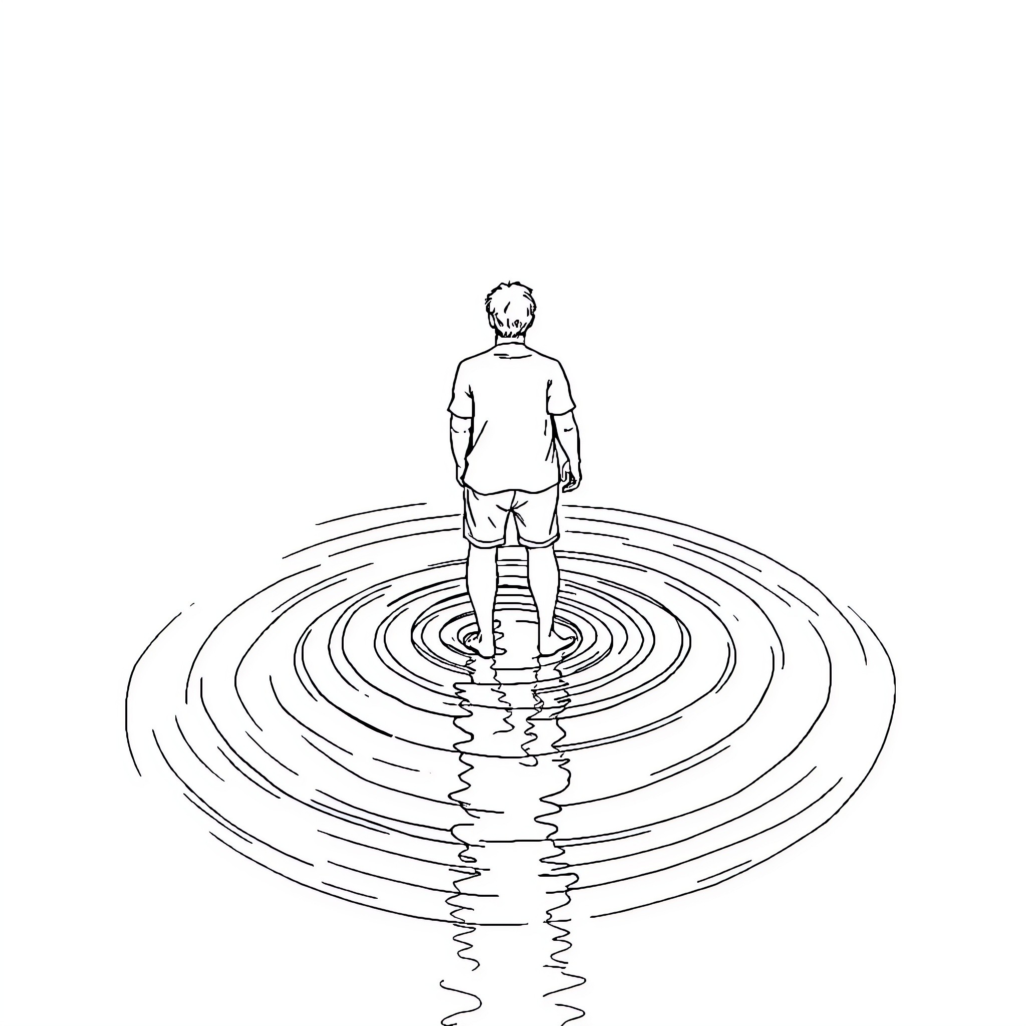 Man Standing in Concentric Ripples on Water Coloring Page (free black-and-white line drawing printable PDF for all, from beginners to advanced learners, including children, teens, adults, and seniors)