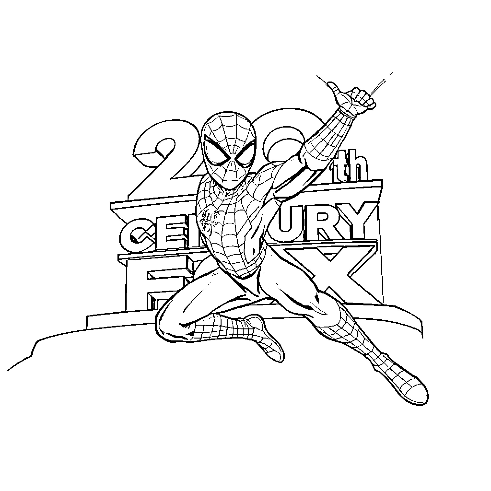 Spiderman celebrating 20th century fox Coloring Page (free black-and-white line drawing printable PDF for all, from beginners to advanced learners, including children, teens, adults, and seniors)