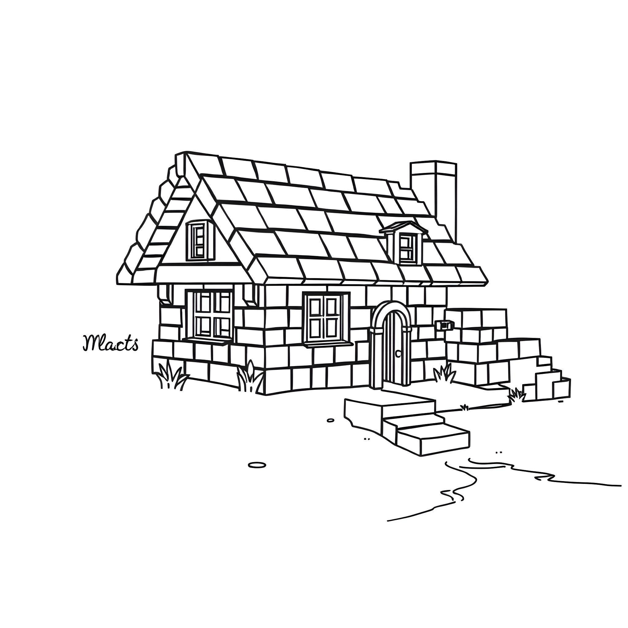 Minecraft House with Tiled Roof and Steps Coloring Page (free black-and-white line drawing printable PDF for all, from beginners to advanced learners, including children, teens, adults, and seniors)
