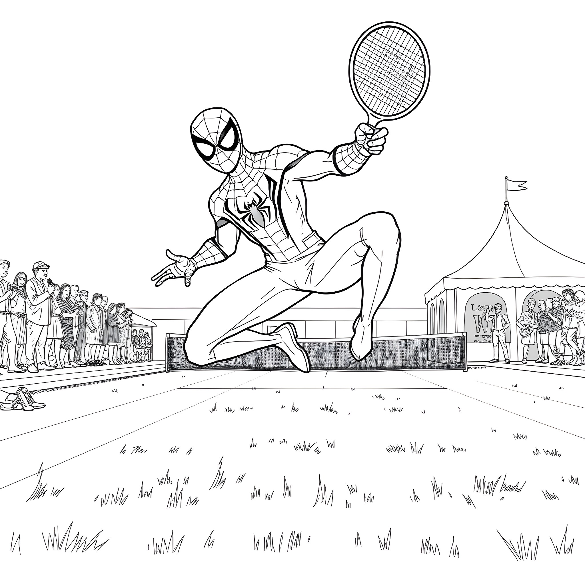 Spiderman playing tennis at the carnival Coloring Page (free black-and-white line drawing printable PDF for all, from beginners to advanced learners, including children, teens, adults, and seniors)