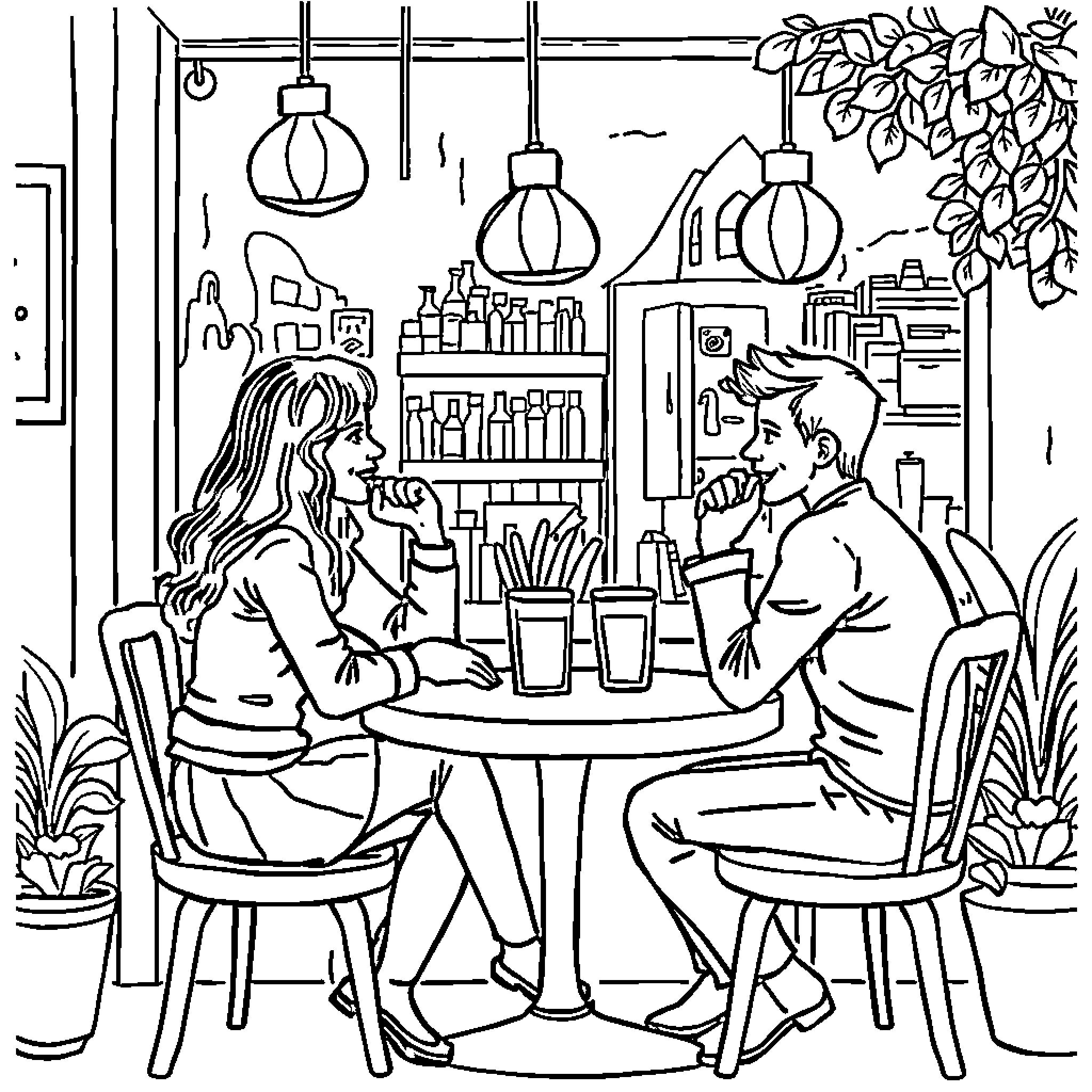 Cat Couple Enjoying Coffee in a Cozy Cafe Coloring Page (free black-and-white line drawing printable PDF for all, from beginners to advanced learners, including children, teens, adults, and seniors)