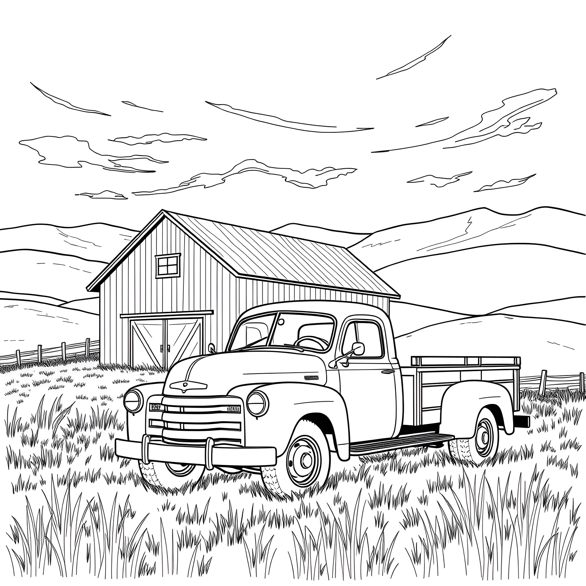 Truck parked near rustic barn in rural landscape Coloring Page (free black-and-white line drawing printable PDF for all, from beginners to advanced learners, including children, teens, adults, and seniors)