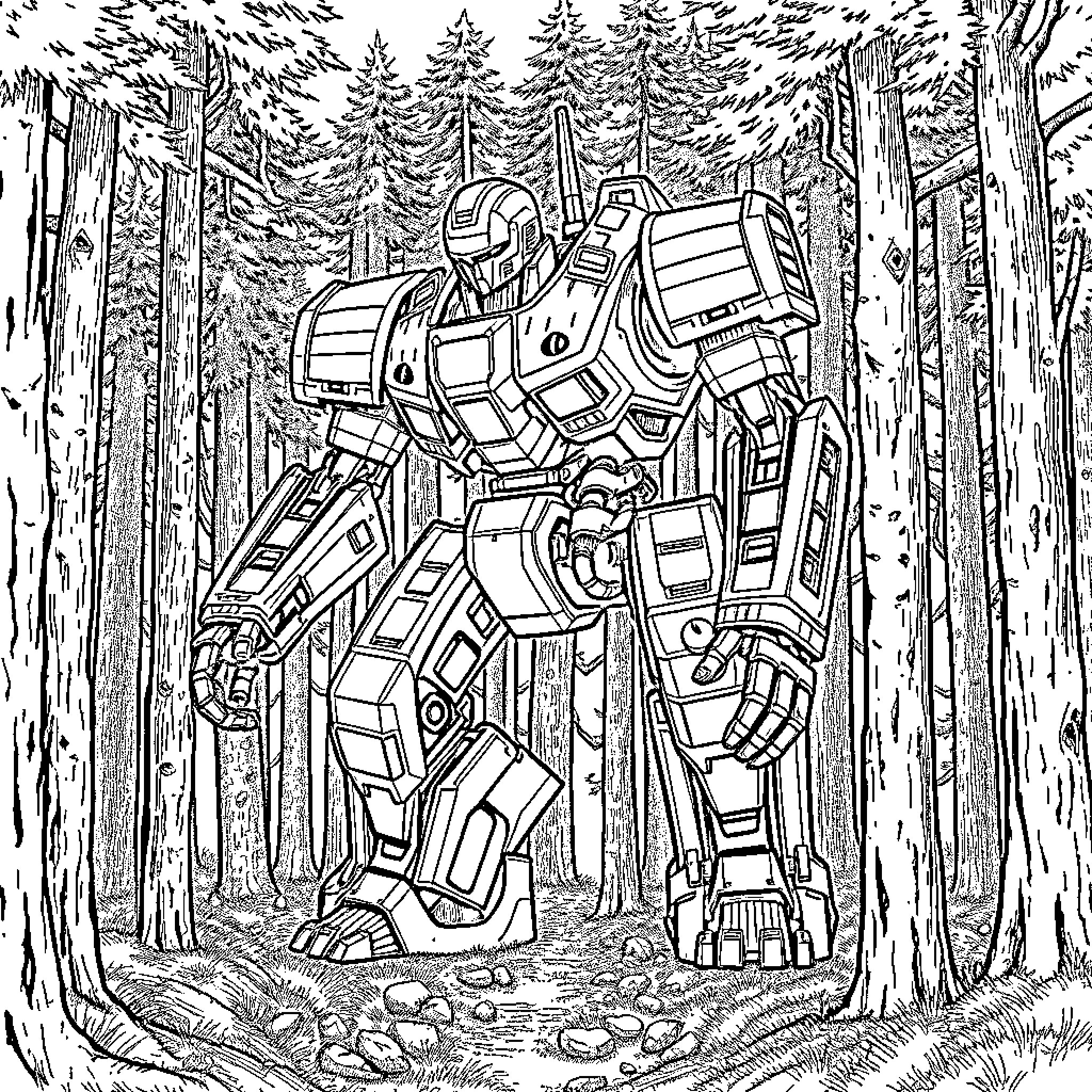 Monster Mech Warrior Stalking Through the Forest Coloring Page (free black-and-white line drawing printable PDF for all, from beginners to advanced learners, including children, teens, adults, and seniors)