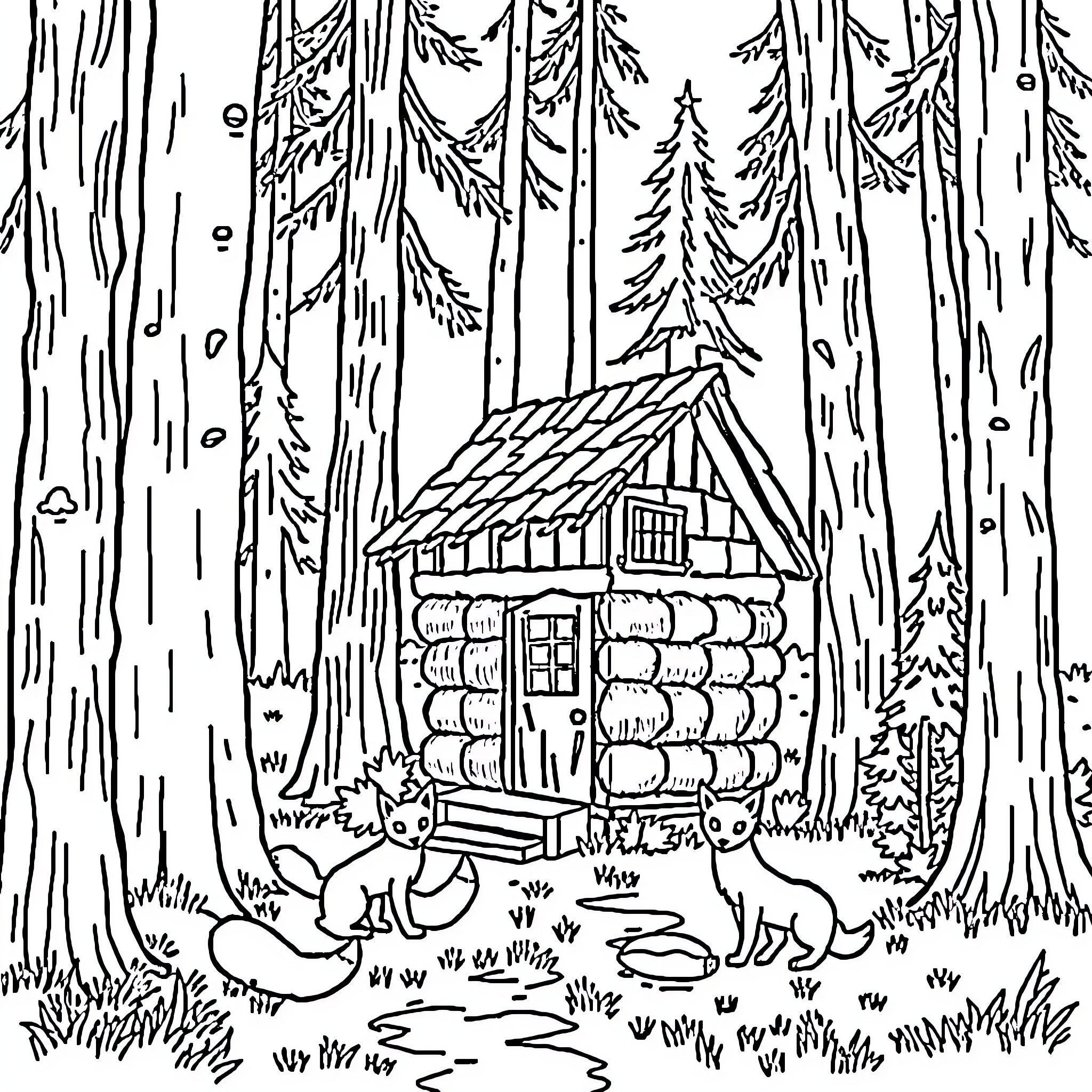 Fox in a cozy cabin in the forest Coloring Page (free black-and-white line drawing printable PDF for all, from beginners to advanced learners, including children, teens, adults, and seniors)