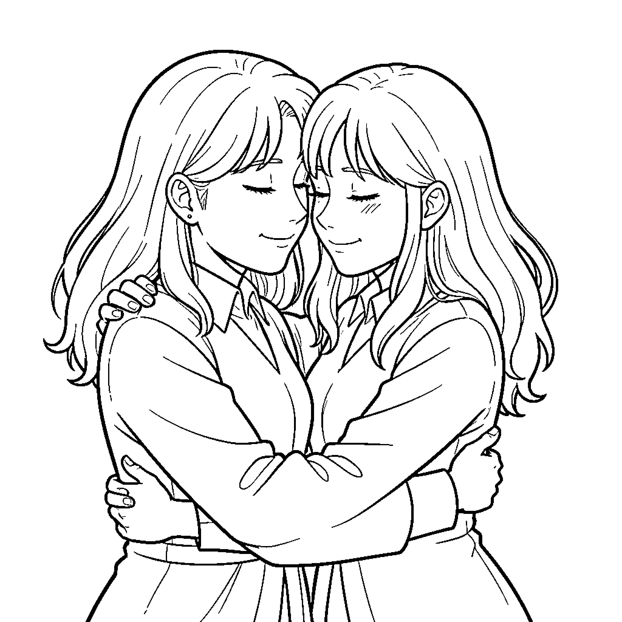 Suu Tsukiyama hugging a friend with closed eyes Coloring Page (free black-and-white line drawing printable PDF for all, from beginners to advanced learners, including children, teens, adults, and seniors)