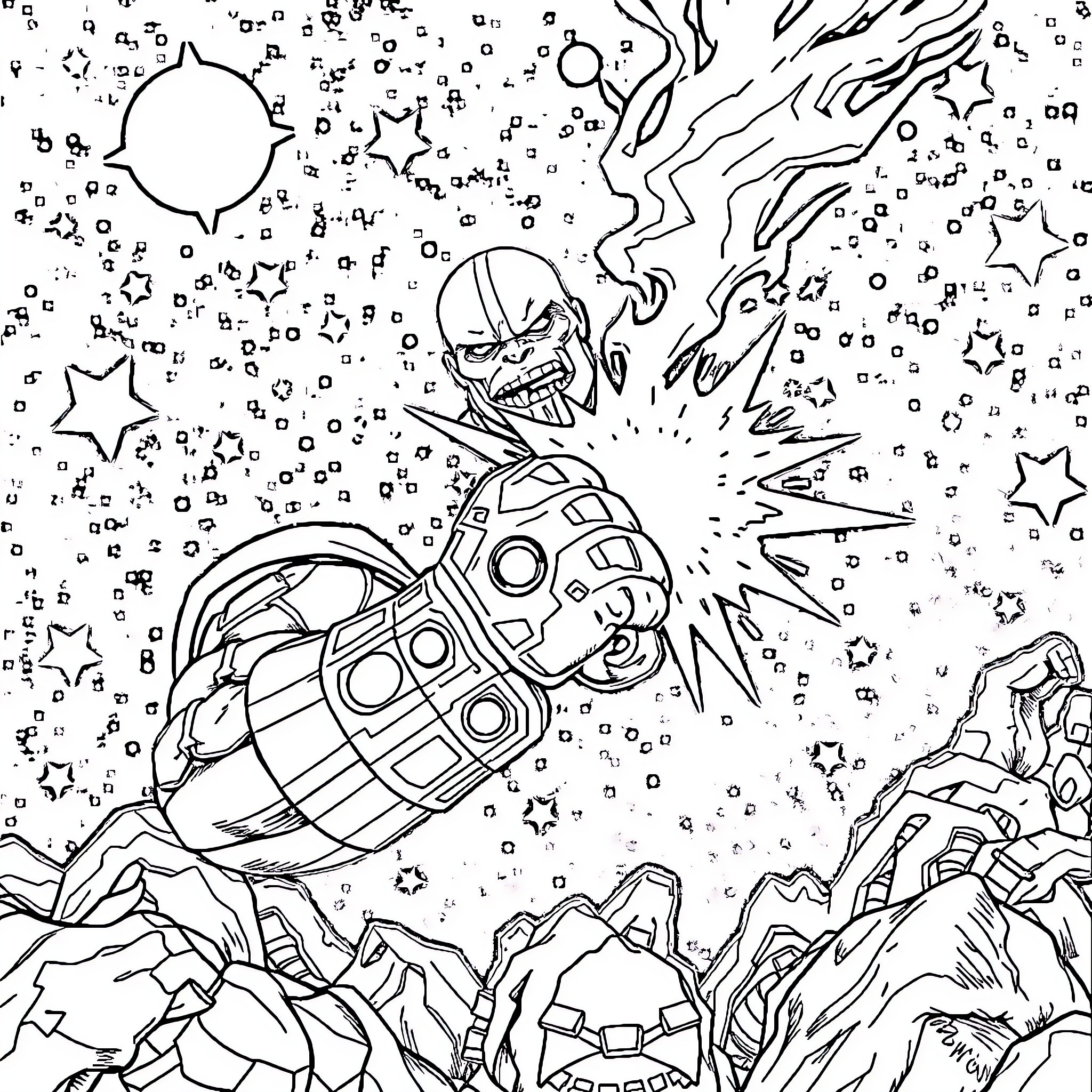 Thanos unleashing cosmic power in the cosmos Coloring Page (free black-and-white line drawing printable PDF for all, from beginners to advanced learners, including children, teens, adults, and seniors)