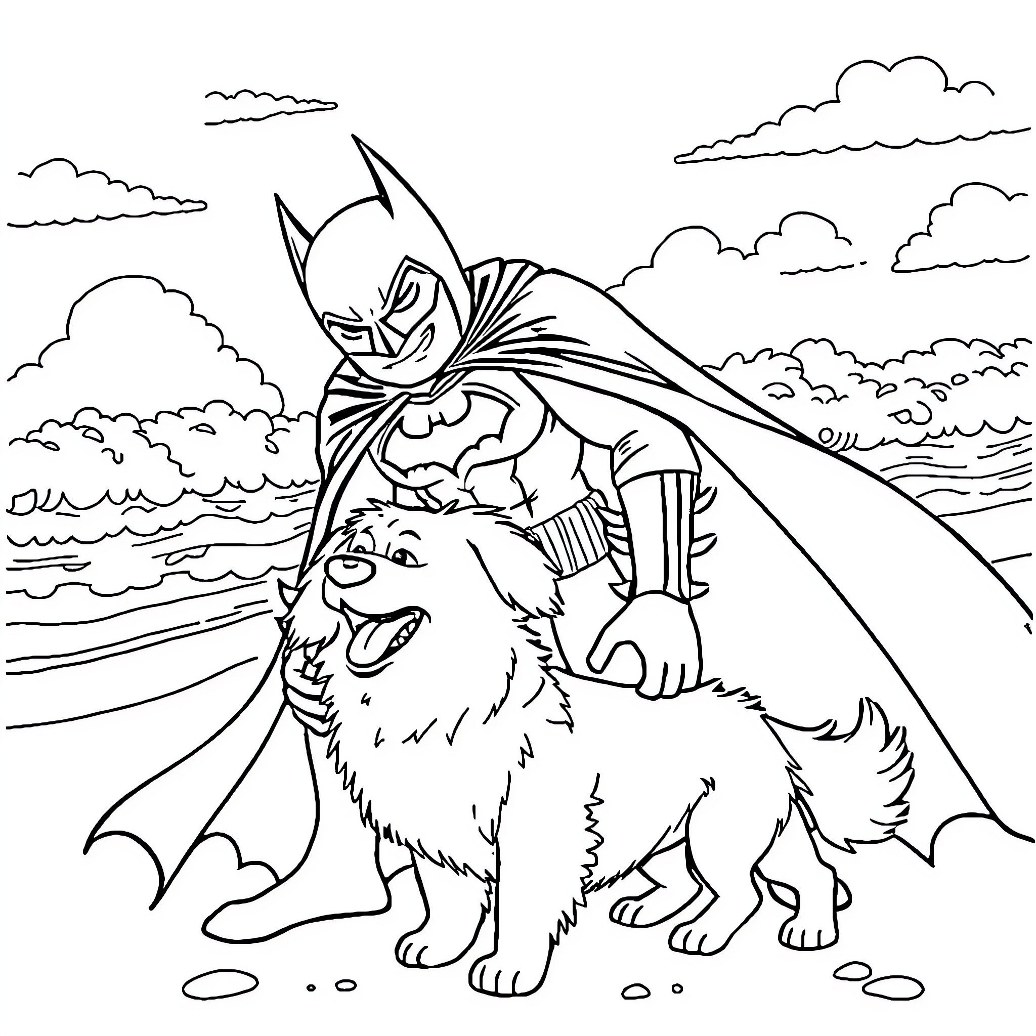 Batman playing with a dog in the park Coloring Page (free black-and-white line drawing printable PDF for all, from beginners to advanced learners, including children, teens, adults, and seniors)