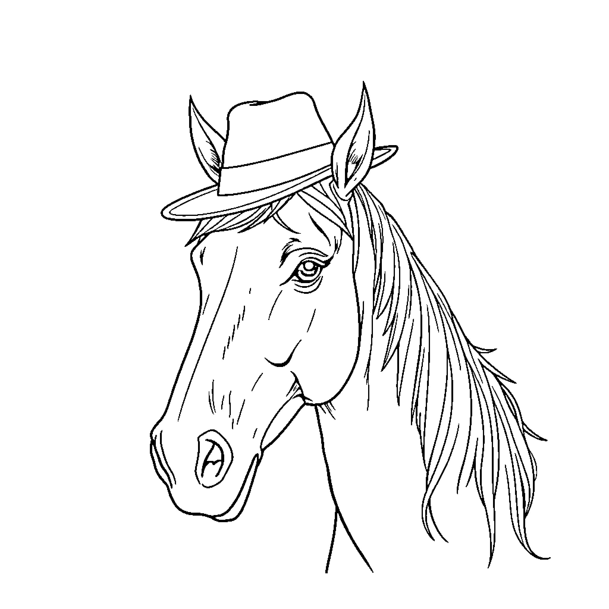 Horse with cowboy hat and mane Coloring Page (free black-and-white line drawing printable PDF for all, from beginners to advanced learners, including children, teens, adults, and seniors)