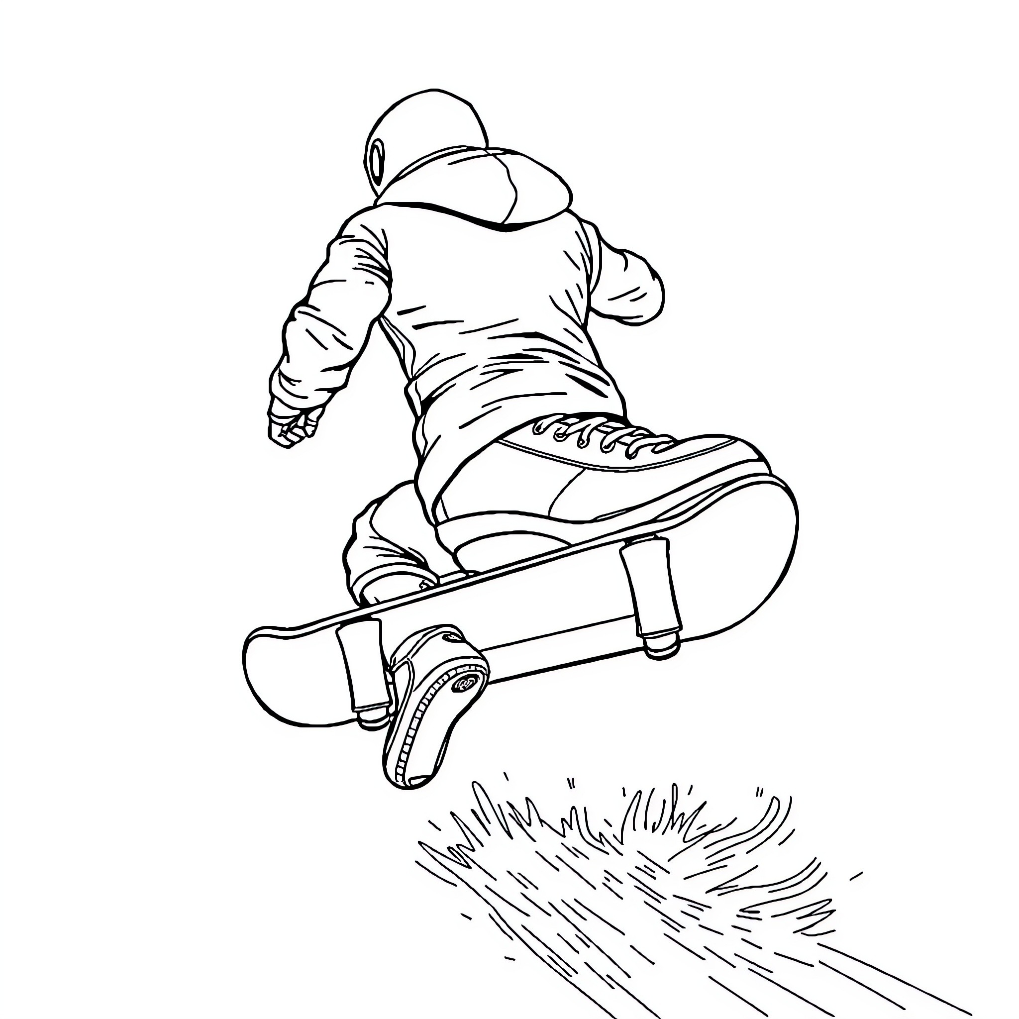 Skater Performing Tricks on Skateboard Coloring Page (free black-and-white line drawing printable PDF for all, from beginners to advanced learners, including children, teens, adults, and seniors)
