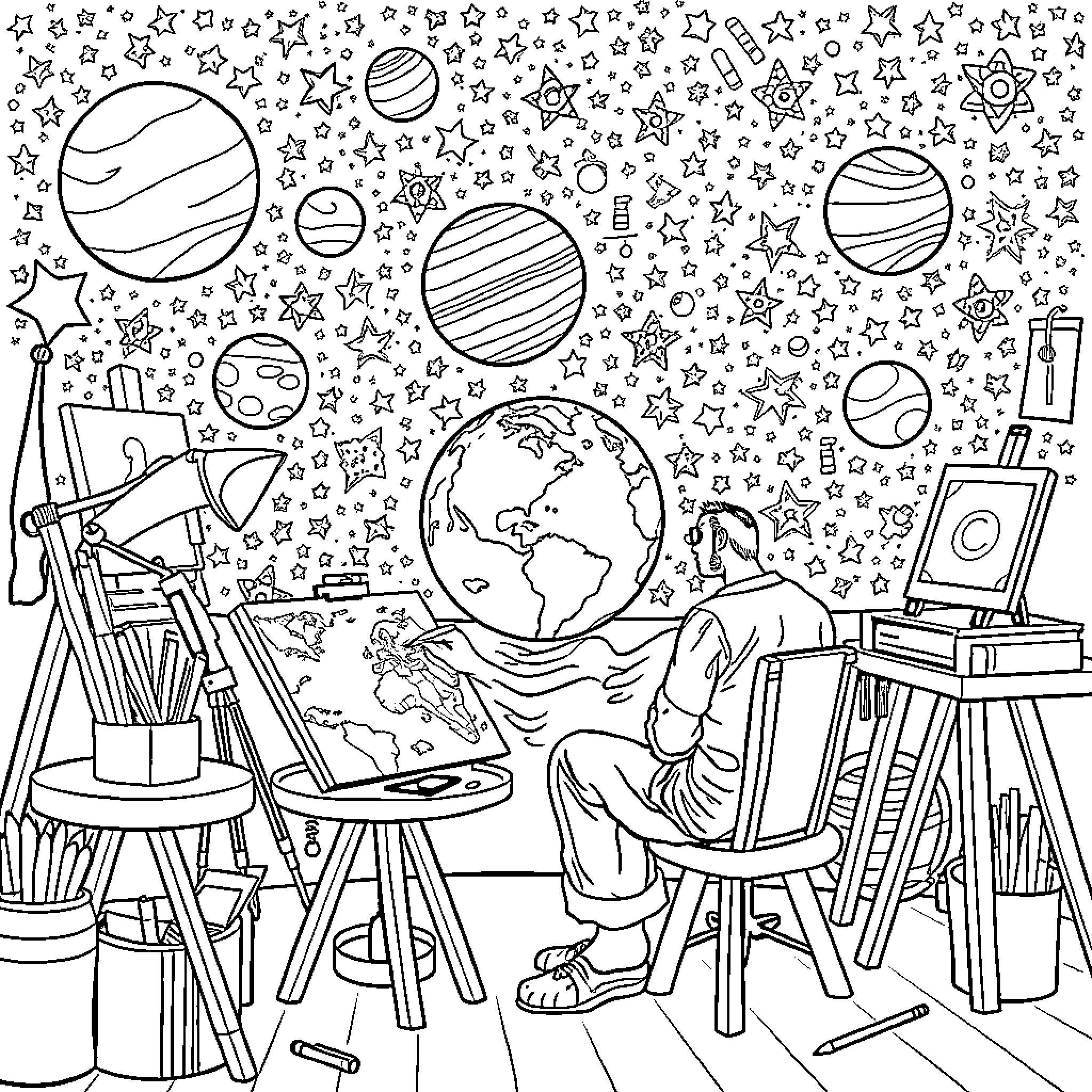 Artist creates celestial scene with planets and stars Coloring Page (free black-and-white line drawing printable PDF for all, from beginners to advanced learners, including children, teens, adults, and seniors)