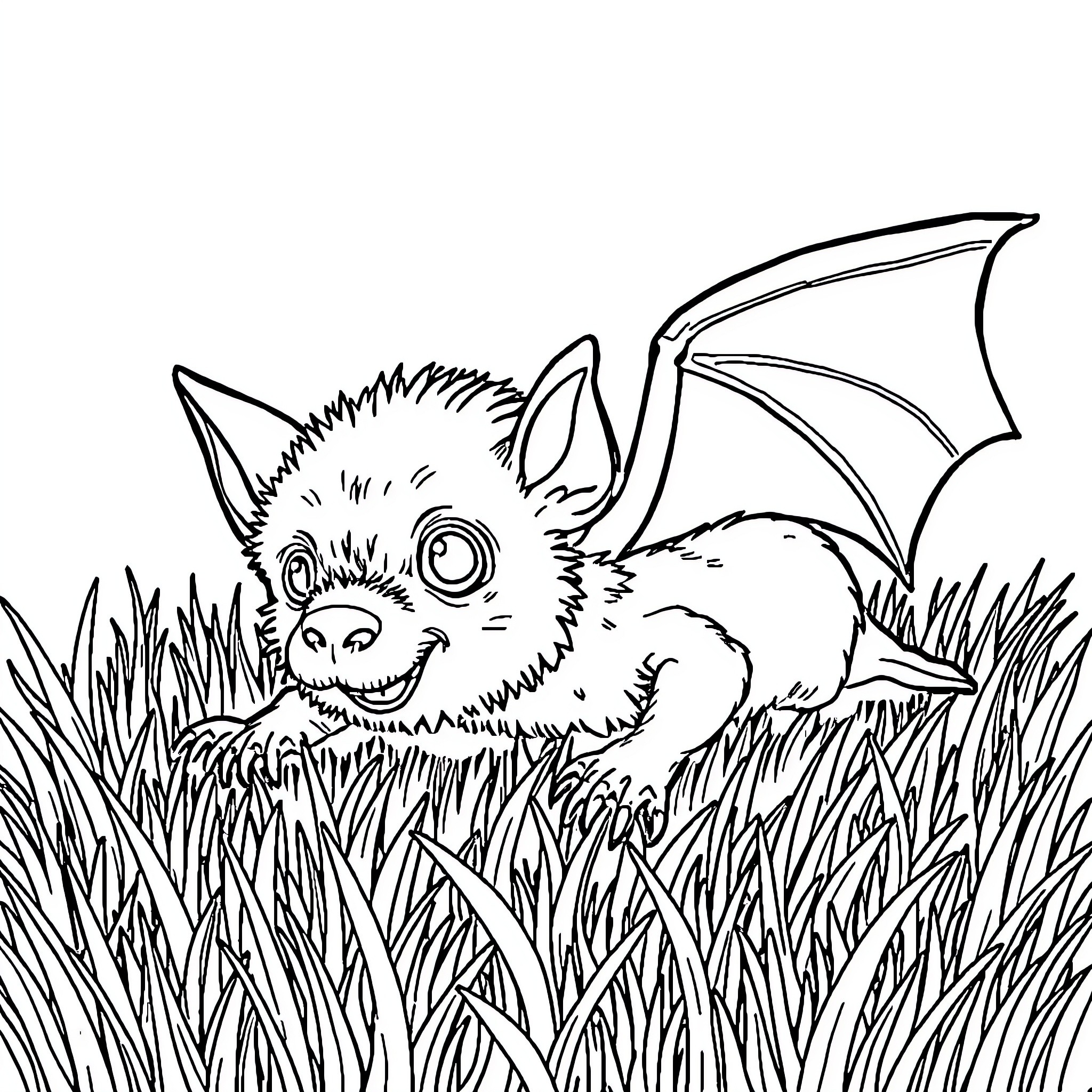 Bat resting playfully in the grass Coloring Page (free black-and-white line drawing printable PDF for all, from beginners to advanced learners, including children, teens, adults, and seniors)