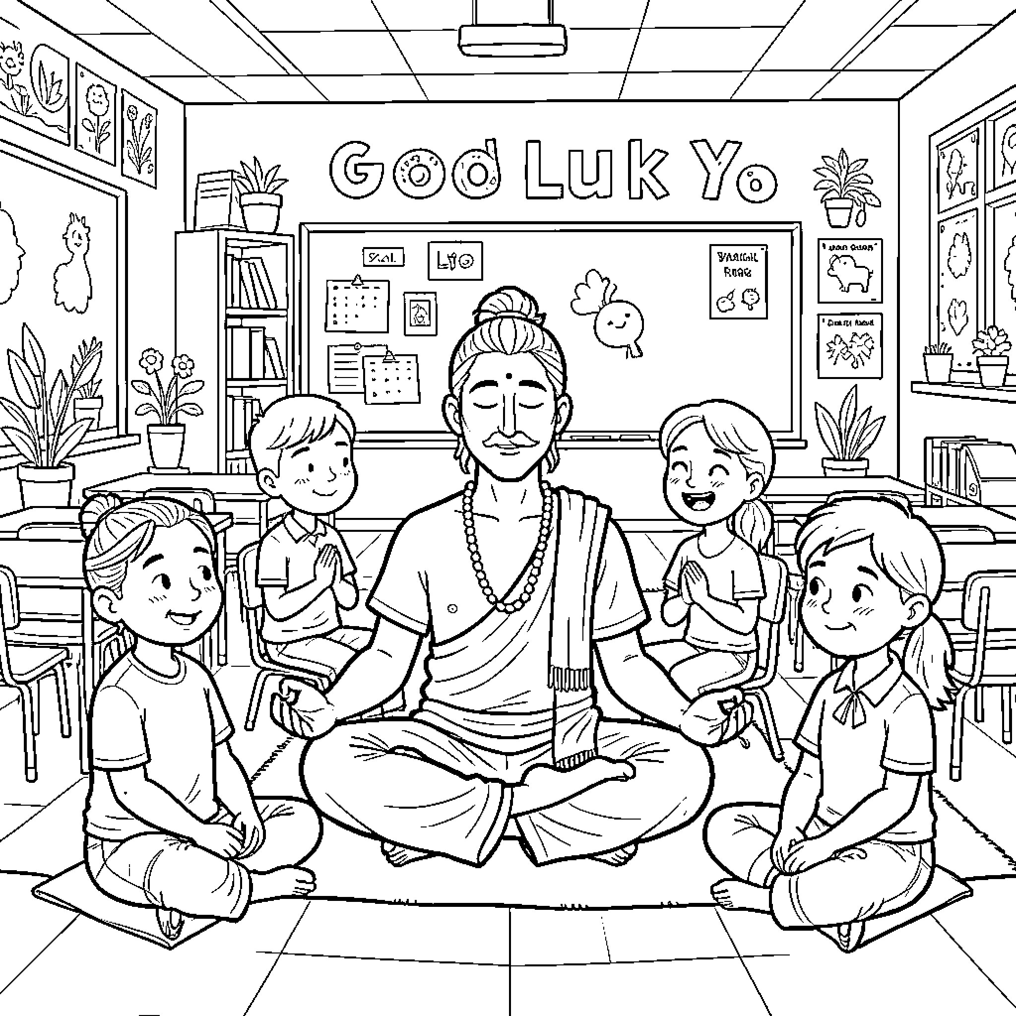 Yogi teaching children mindfulness in the classroom Coloring Page (free black-and-white line drawing printable PDF for all, from beginners to advanced learners, including children, teens, adults, and seniors)