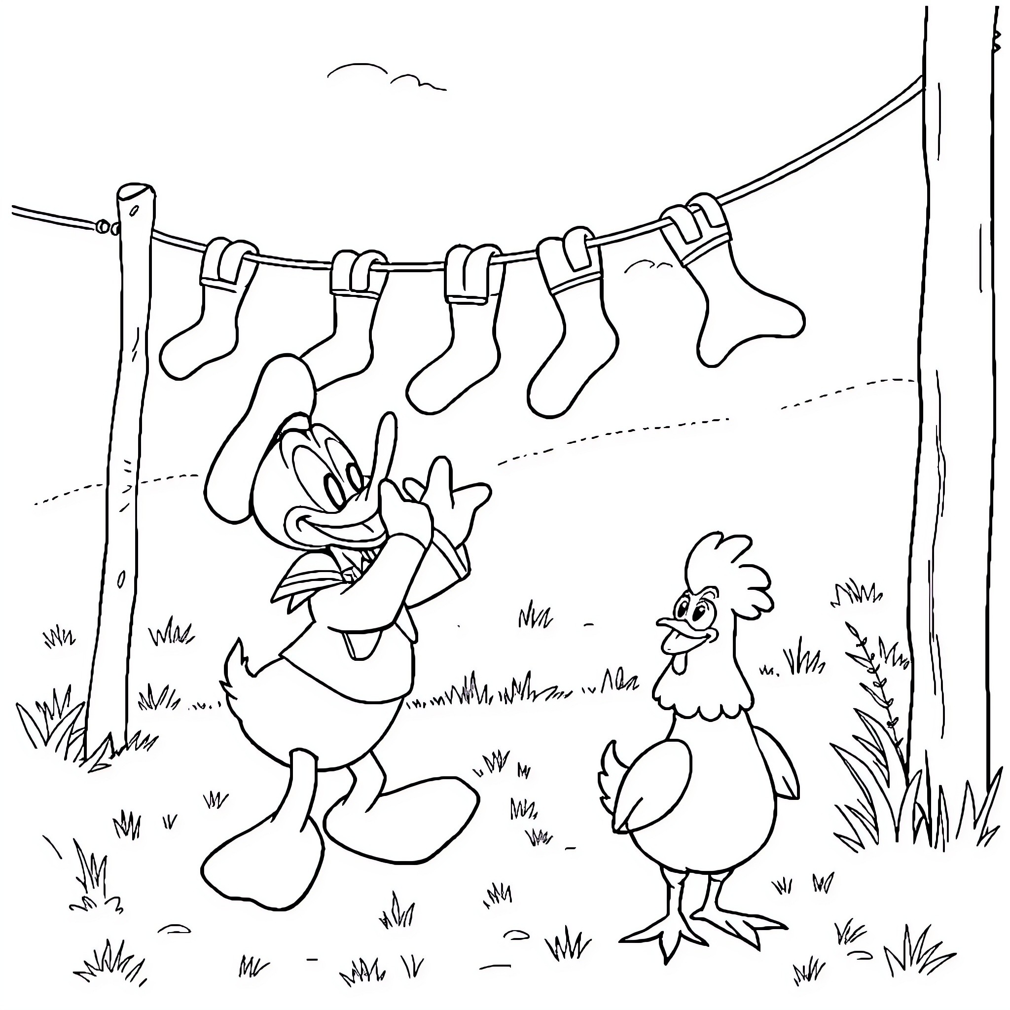 Donald Drying Socks with Amusing Chicken Coloring Page (free black-and-white line drawing printable PDF for all, from beginners to advanced learners, including children, teens, adults, and seniors)