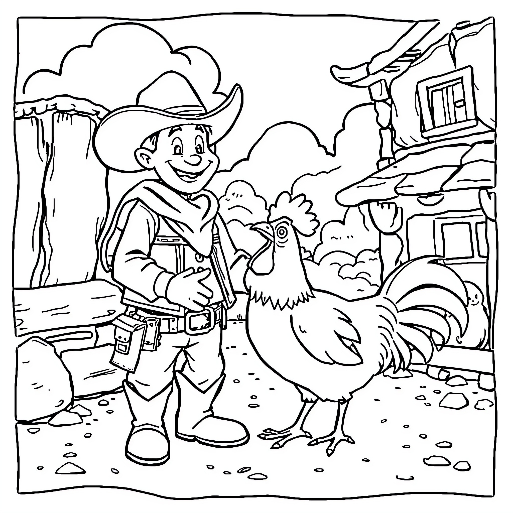 Cowboy interacting with a rooster in a rural scene Coloring Page (free black-and-white line drawing printable PDF for all, from beginners to advanced learners, including children, teens, adults, and seniors)