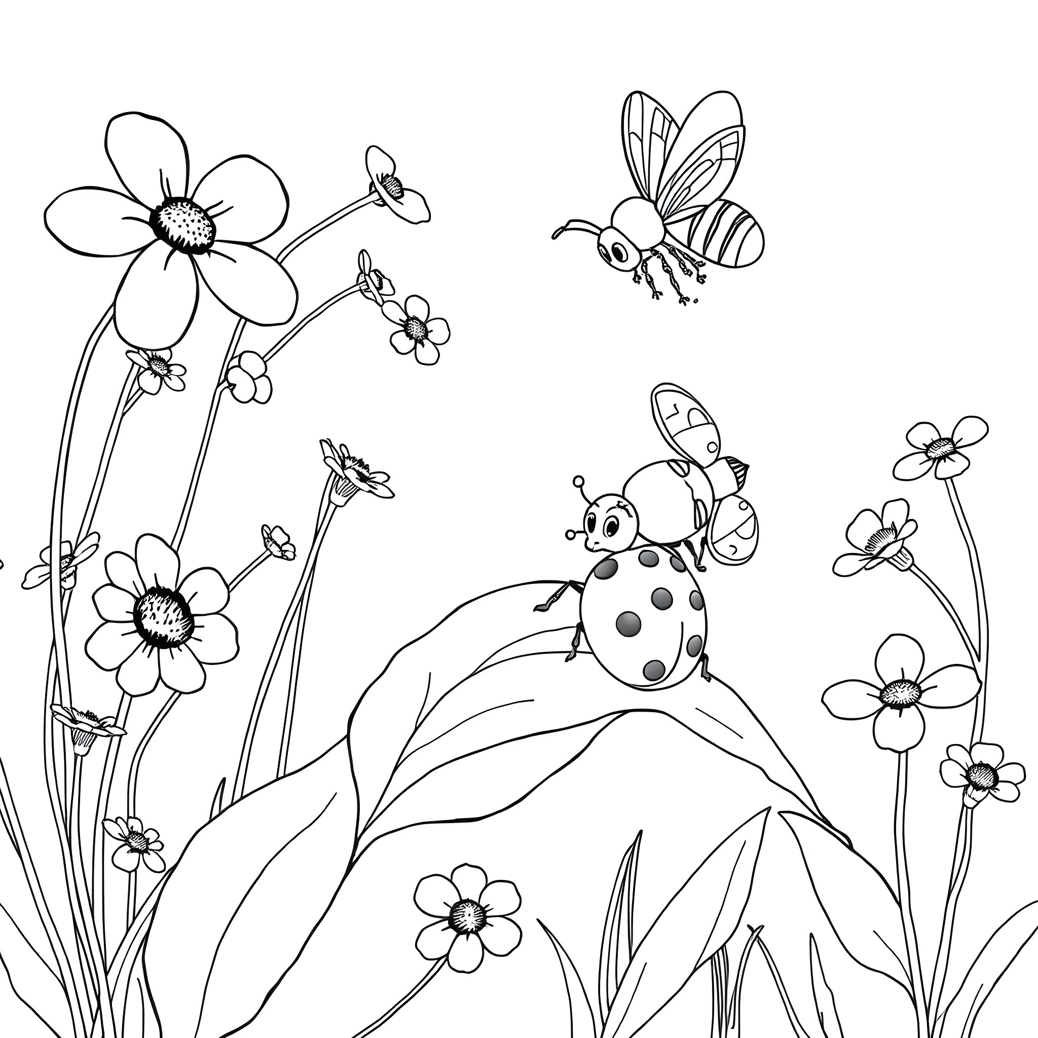 Ladybug exploring a floral wonderland Coloring Page (free black-and-white line drawing printable PDF for all, from beginners to advanced learners, including children, teens, adults, and seniors)