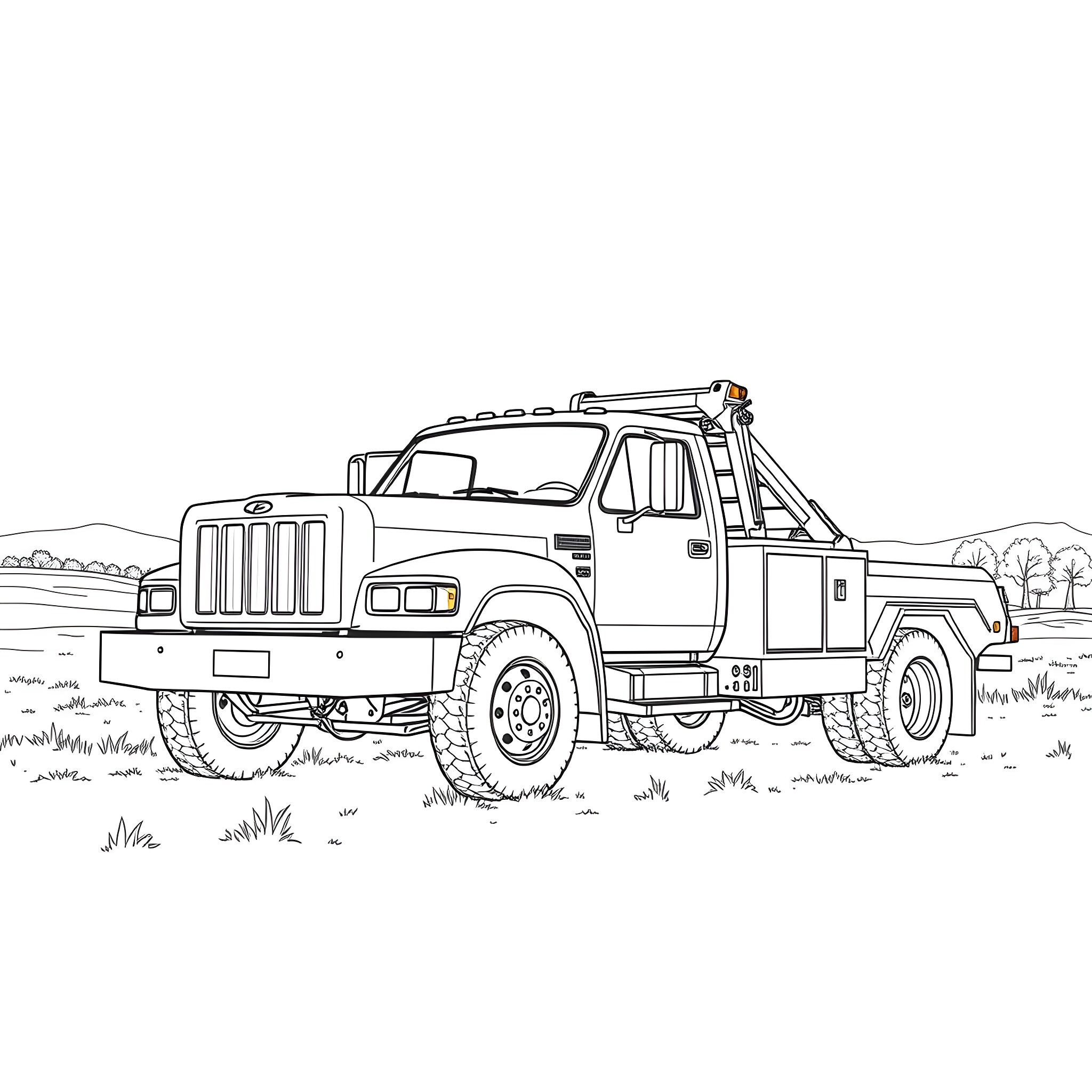 Wrecker Truck Towing a Damaged Vehicle on a Rural Road Coloring Page (free black-and-white line drawing printable PDF for all, from beginners to advanced learners, including children, teens, adults, and seniors)