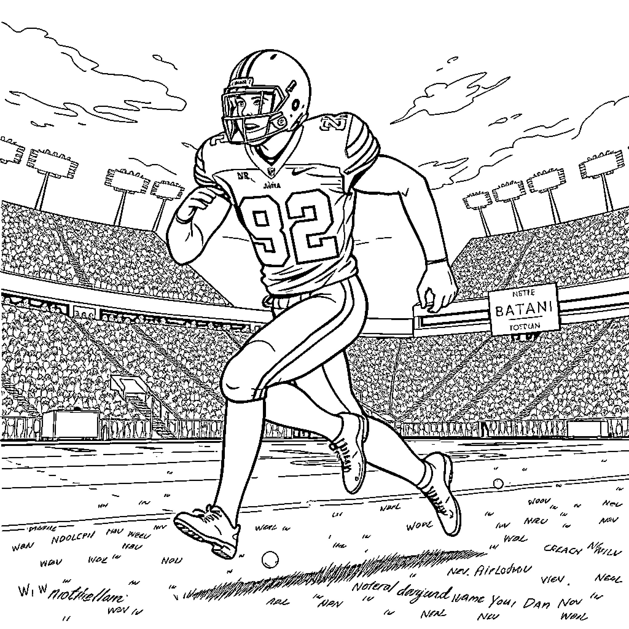 Player Rushing on Football Field Coloring Page (free black-and-white line drawing printable PDF for all, from beginners to advanced learners, including children, teens, adults, and seniors)