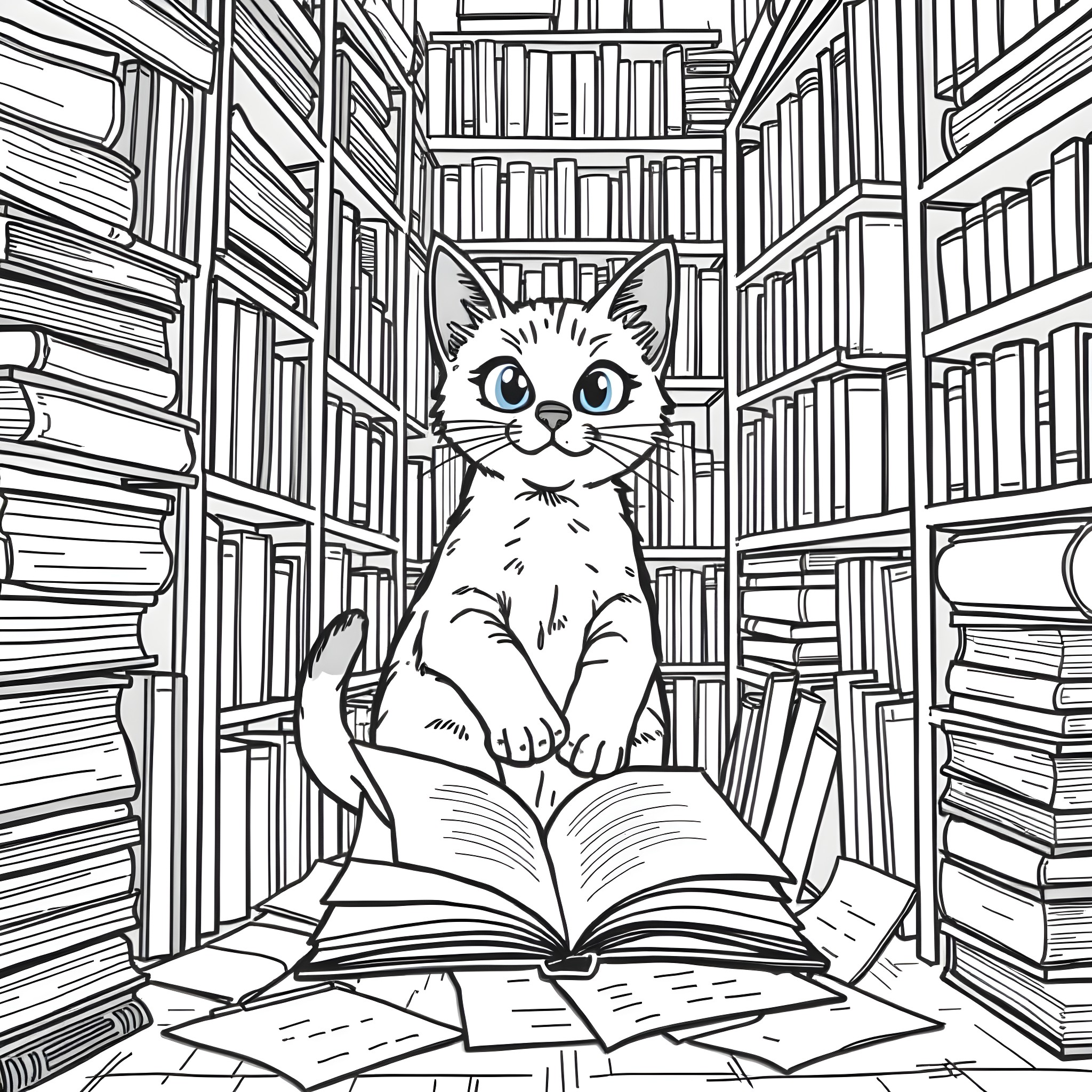 Cat exploring a library of books Coloring Page (free black-and-white line drawing printable PDF for all, from beginners to advanced learners, including children, teens, adults, and seniors)