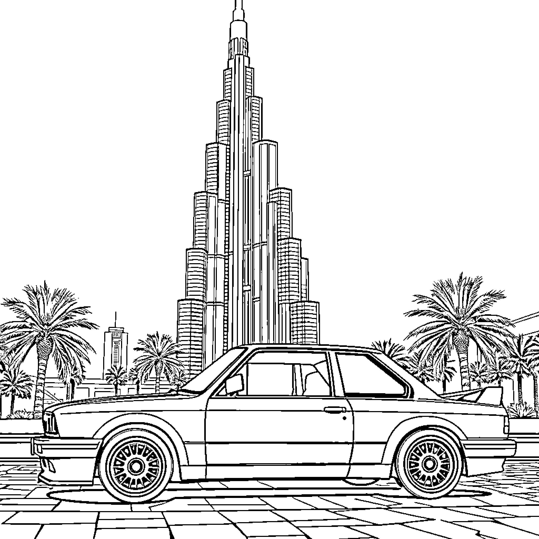 E30 M3 driving through a futuristic city landscape Coloring Page (free black-and-white line drawing printable PDF for all, from beginners to advanced learners, including children, teens, adults, and seniors)