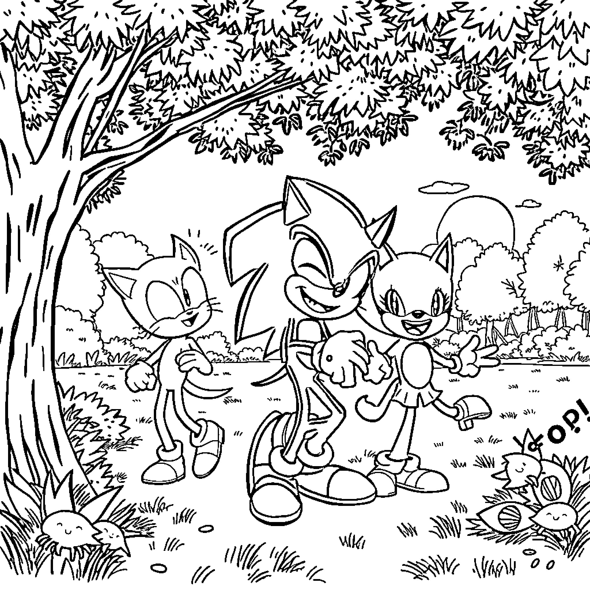Zonic characters enjoying nature Coloring Page (free black-and-white line drawing printable PDF for all, from beginners to advanced learners, including children, teens, adults, and seniors)