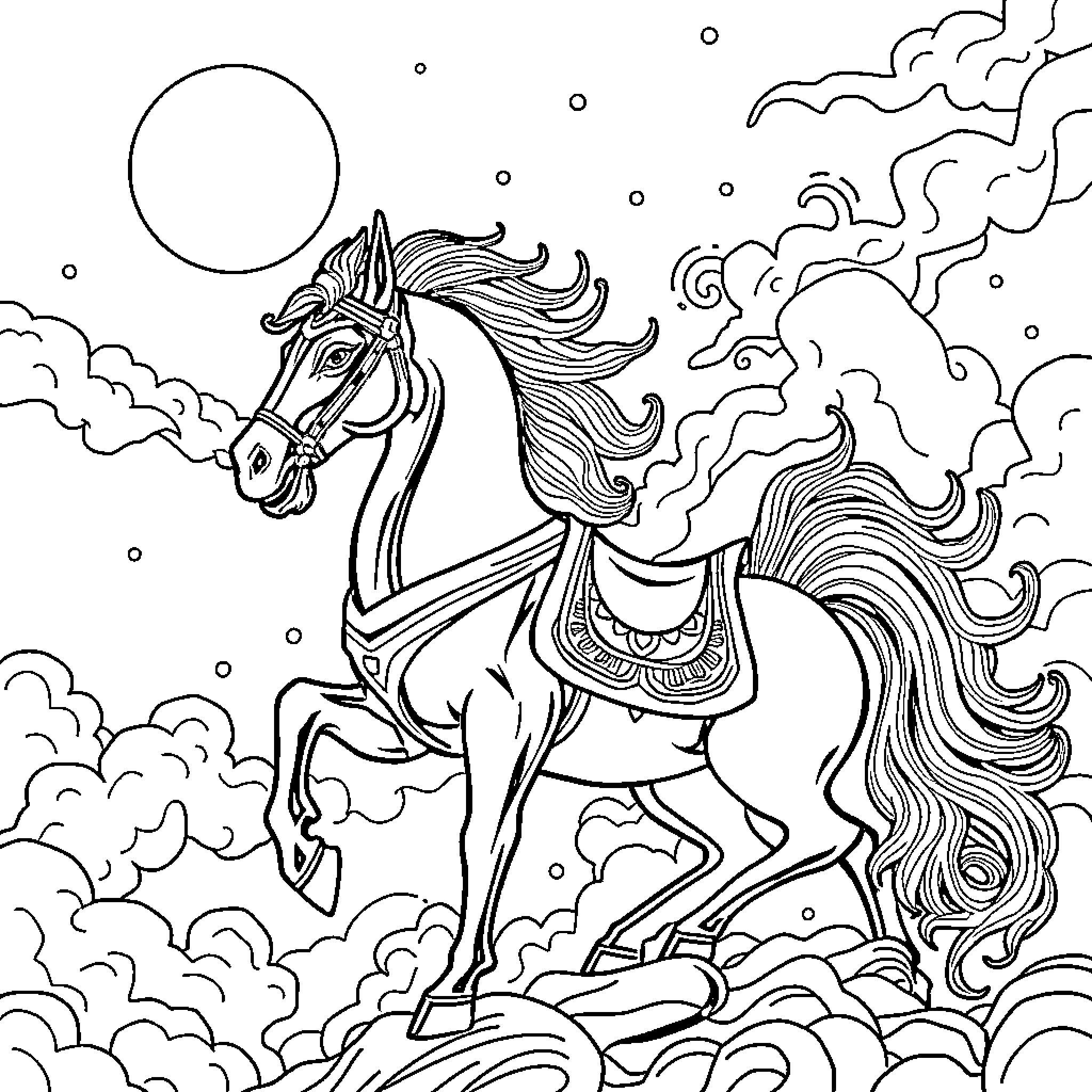 Horse galloping through cloudy night sky Coloring Page (free black-and-white line drawing printable PDF for all, from beginners to advanced learners, including children, teens, adults, and seniors)