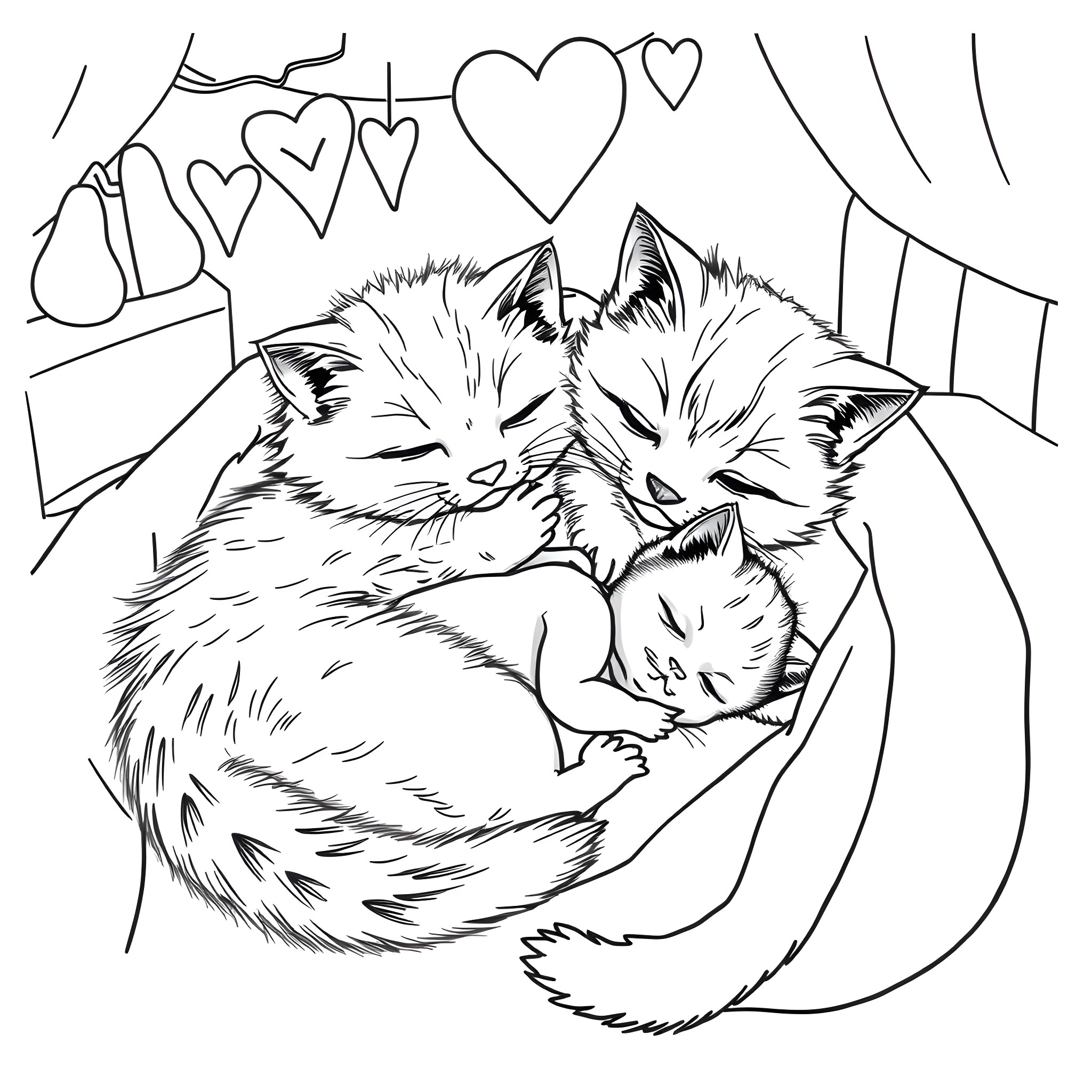 Cat cuddles and snuggles with kittens Coloring Page (free black-and-white line drawing printable PDF for all, from beginners to advanced learners, including children, teens, adults, and seniors)