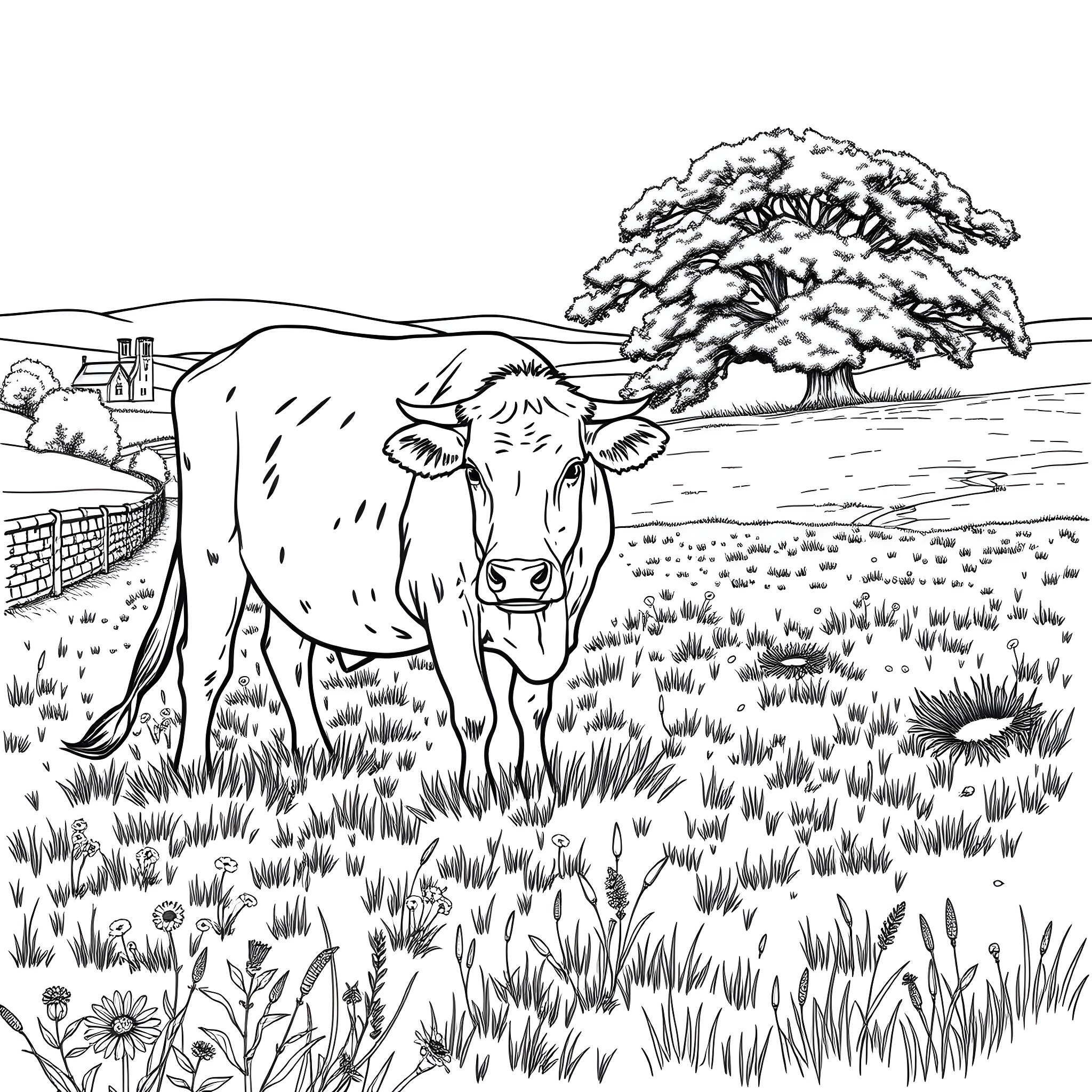 Belted Galloway Cow grazing in a snowy field Coloring Page (free black-and-white line drawing printable PDF for all, from beginners to advanced learners, including children, teens, adults, and seniors)