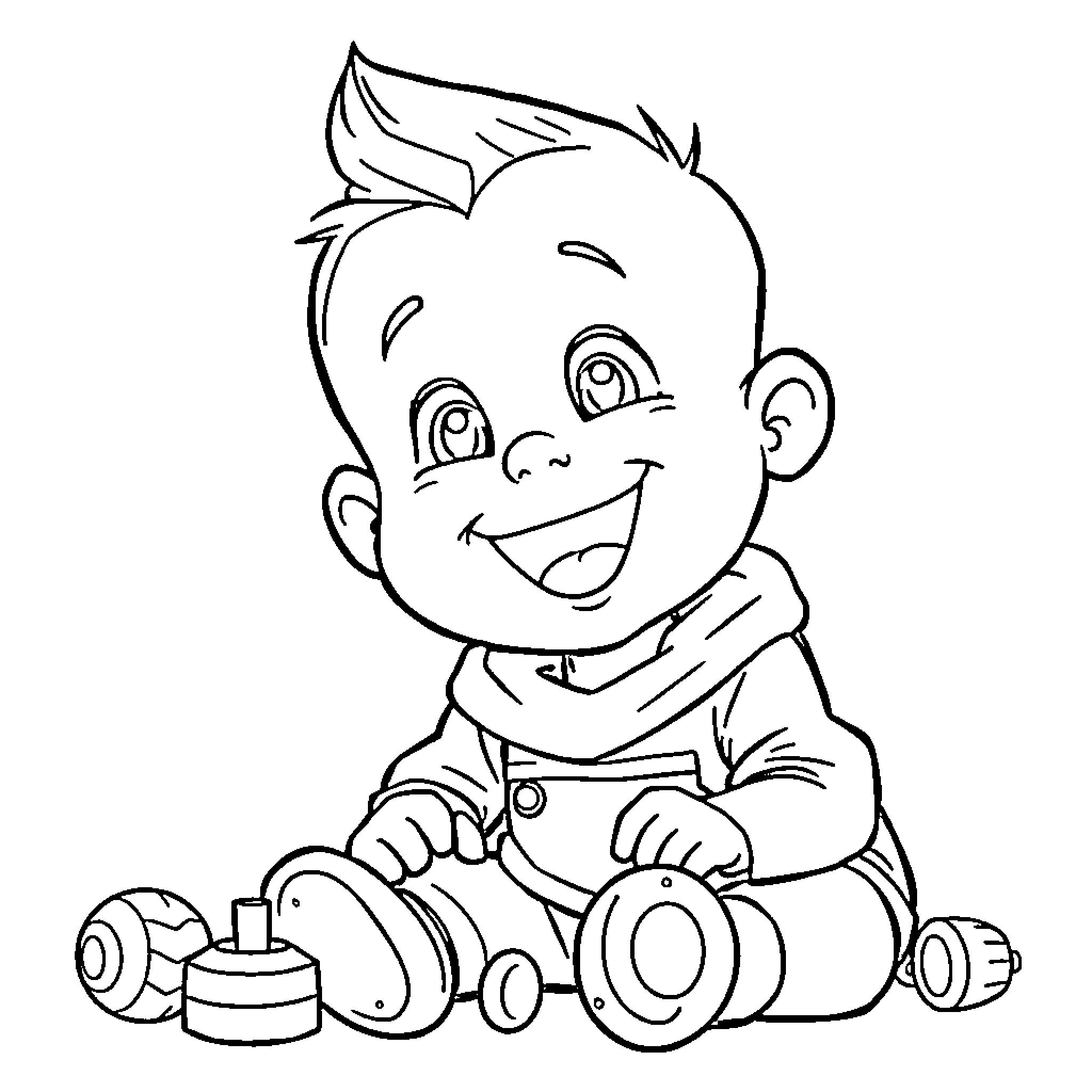 Baby playing happily with toys Coloring Page (free black-and-white line drawing printable PDF for all, from beginners to advanced learners, including children, teens, adults, and seniors)