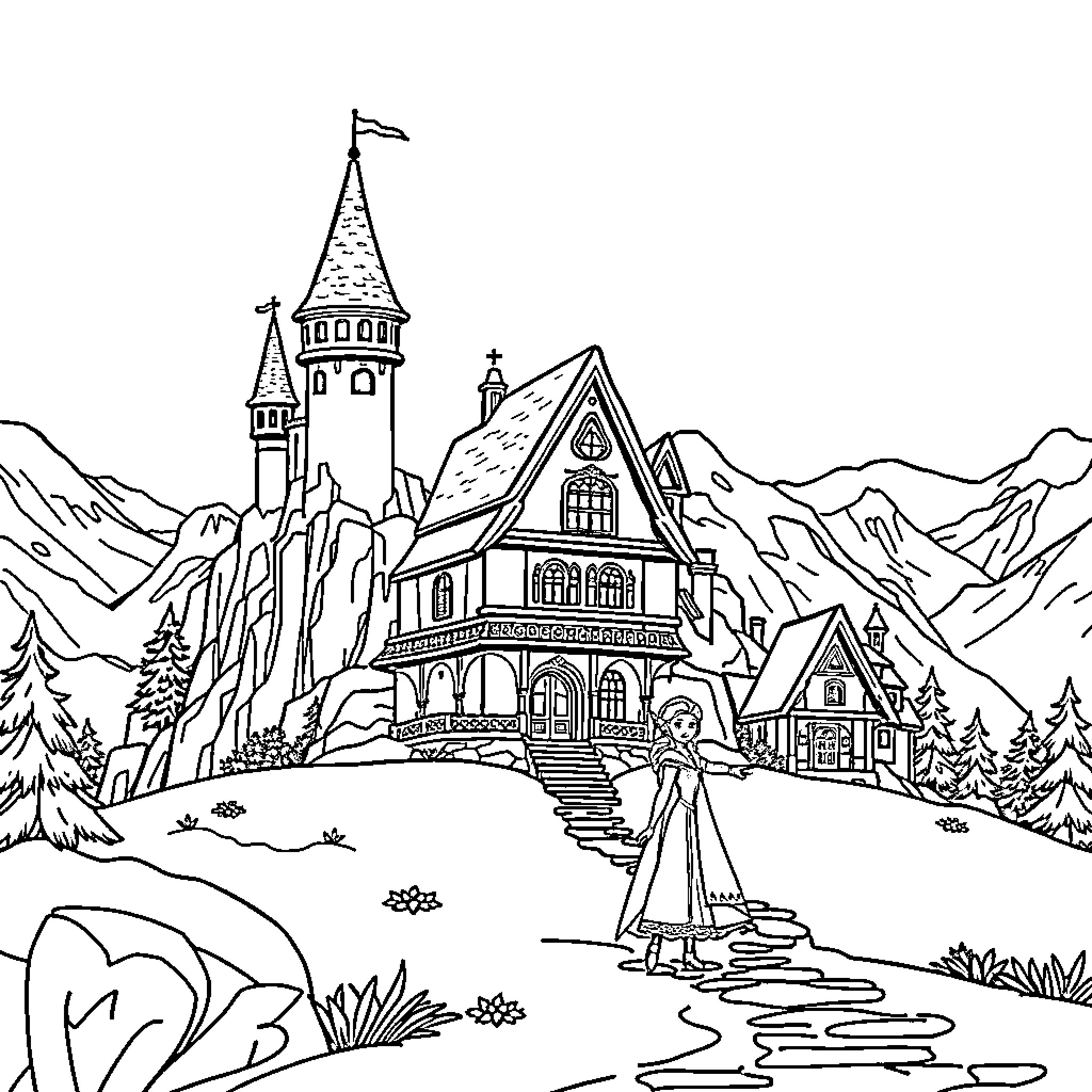 Frozen House standing amidst snowy mountains and pine trees Coloring Page (free black-and-white line drawing printable PDF for all, from beginners to advanced learners, including children, teens, adults, and seniors)