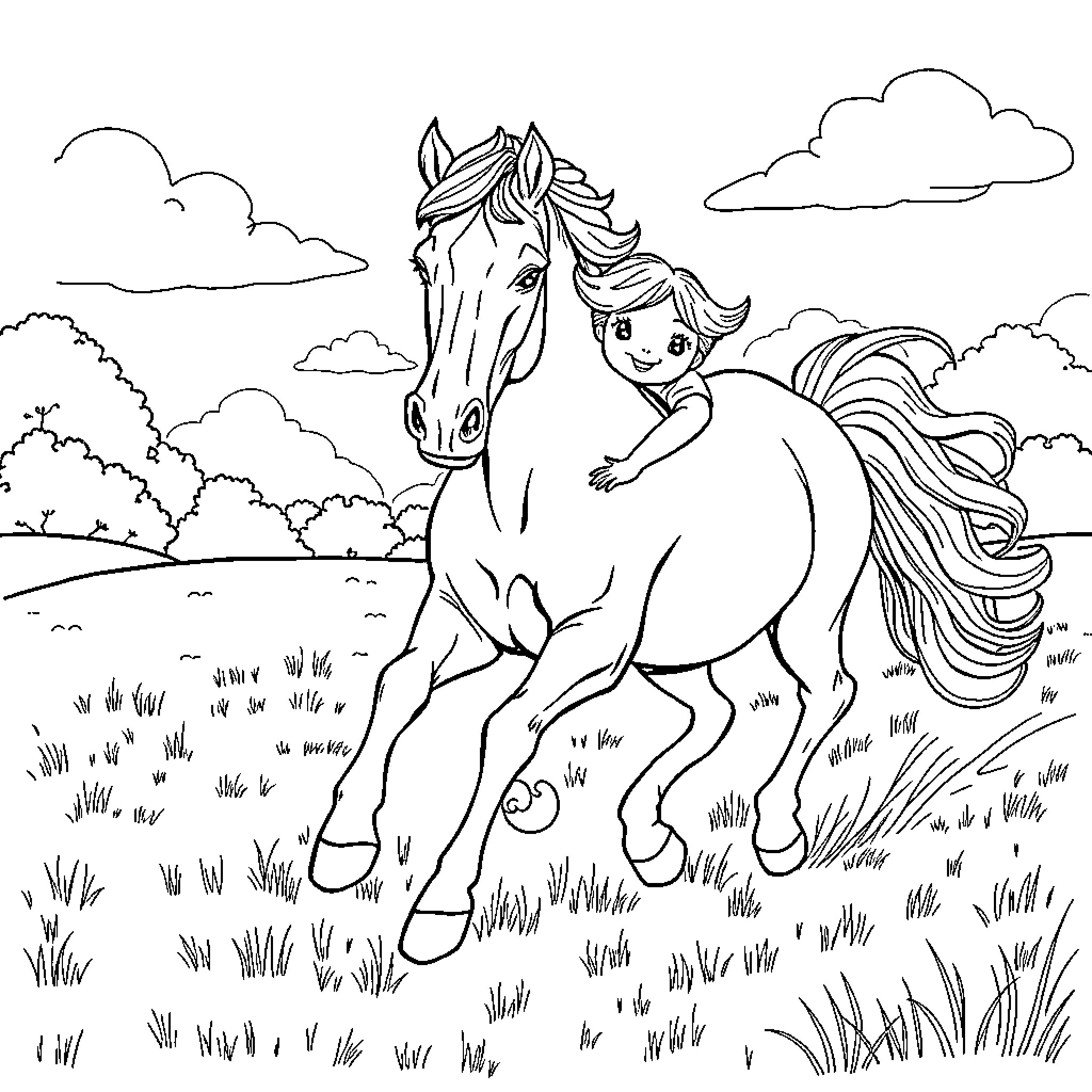 Horse and child playing in the meadow Coloring Page (free black-and-white line drawing printable PDF for all, from beginners to advanced learners, including children, teens, adults, and seniors)