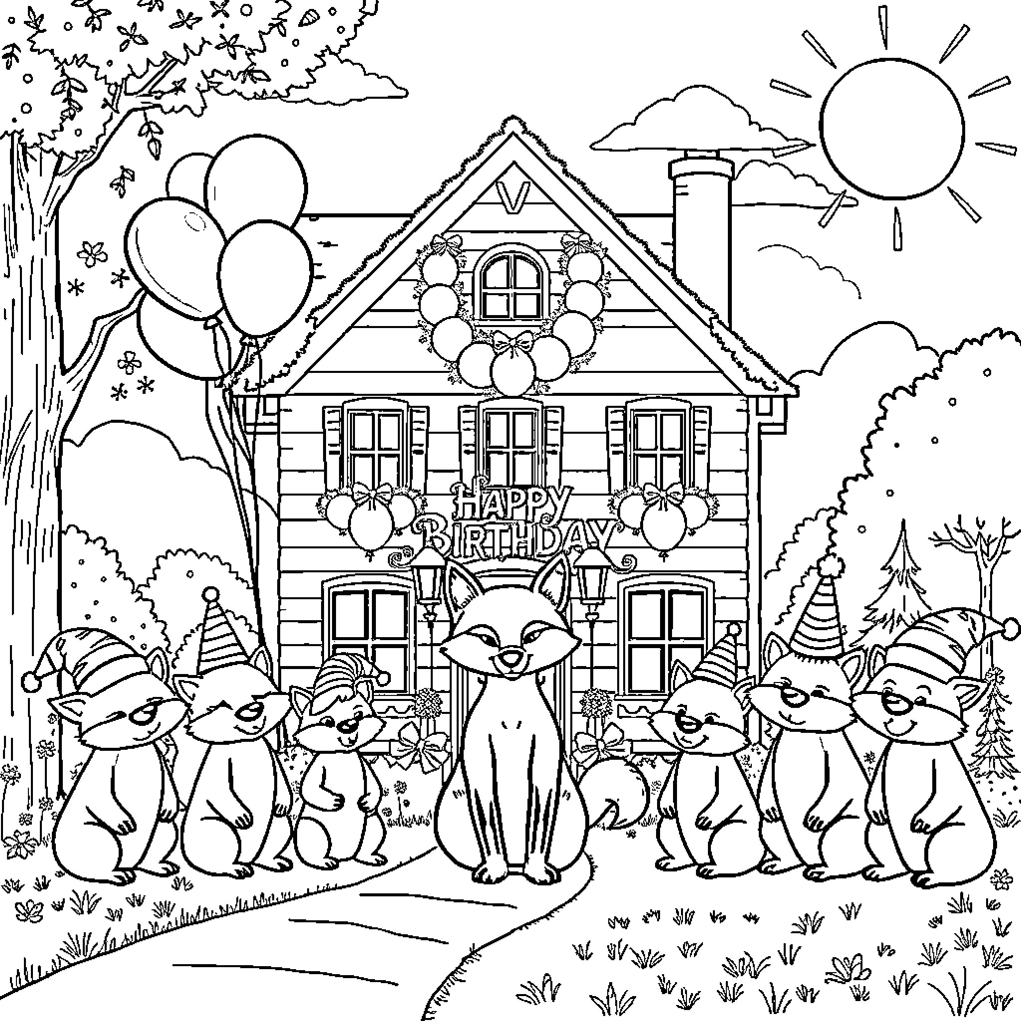 House with Animals Celebrating Birthday Coloring Page (free black-and-white line drawing printable PDF for all, from beginners to advanced learners, including children, teens, adults, and seniors)