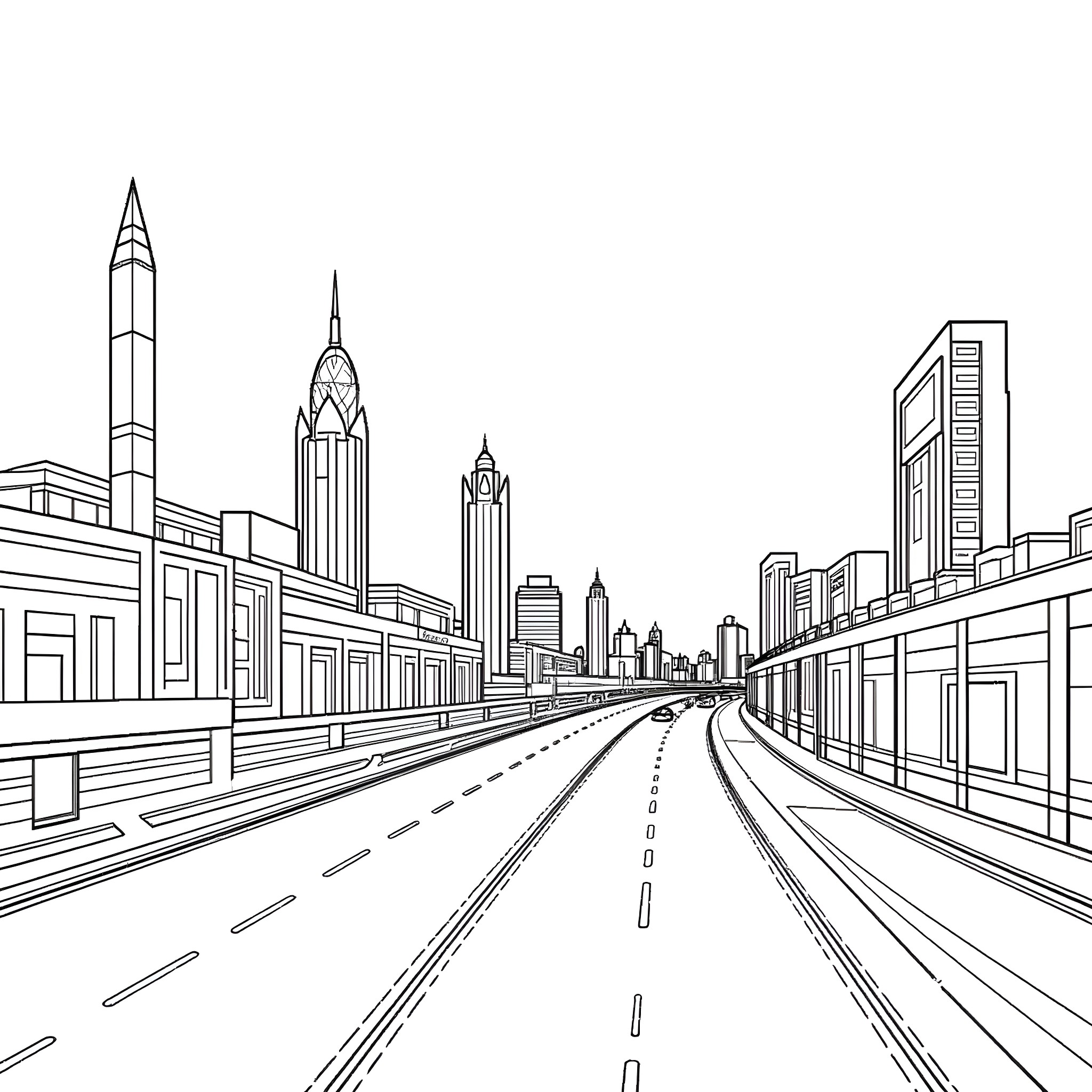 Riyadh cityscape with modern high-rise buildings Coloring Page (free black-and-white line drawing printable PDF for all, from beginners to advanced learners, including children, teens, adults, and seniors)