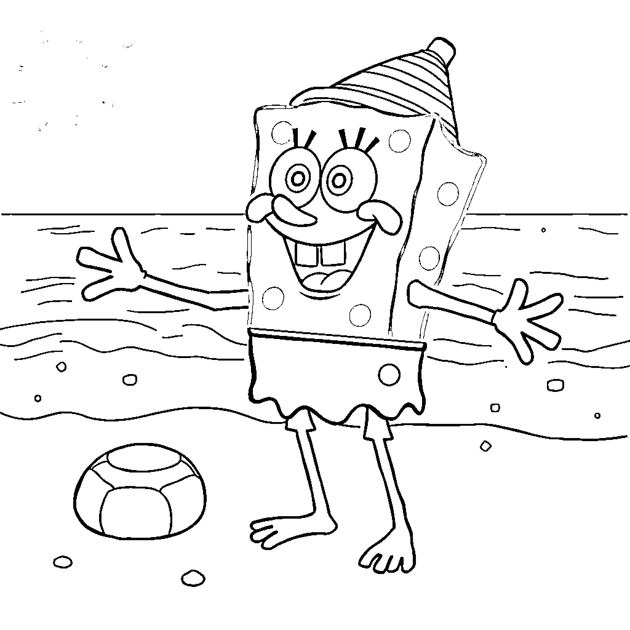 Spongebob Waving Joyfully on the Beach Coloring Page (free black-and-white line drawing printable PDF for all, from beginners to advanced learners, including children, teens, adults, and seniors)