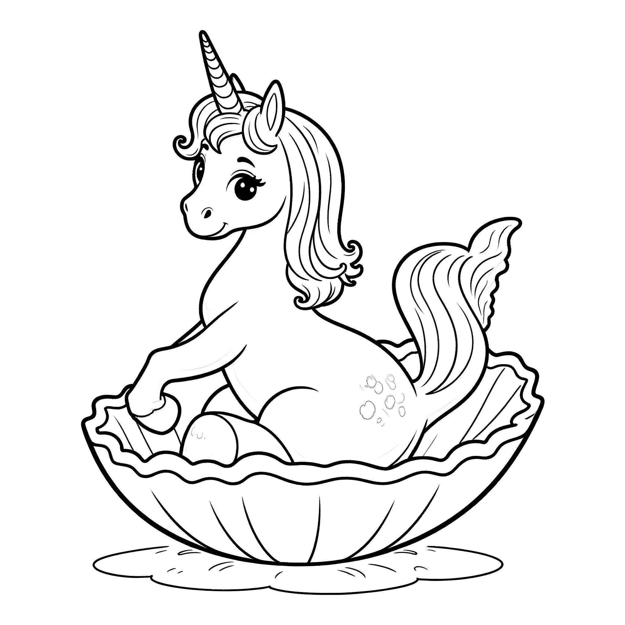 Unicorn Mermaid relaxing in a seashell Coloring Page (free black-and-white line drawing printable PDF for all, from beginners to advanced learners, including children, teens, adults, and seniors)