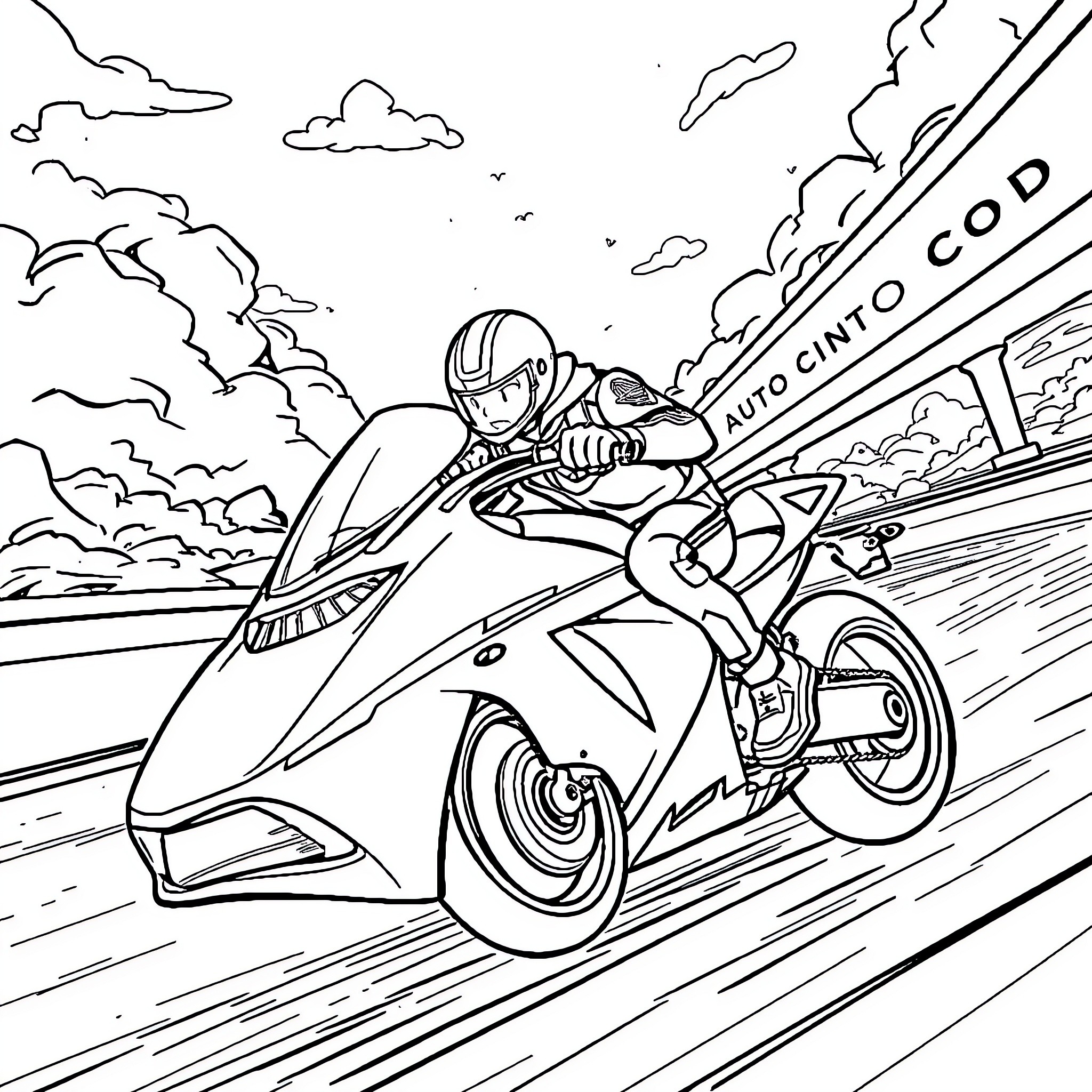 Mesi speeding on futuristic motorcycle Coloring Page (free black-and-white line drawing printable PDF for all, from beginners to advanced learners, including children, teens, adults, and seniors)