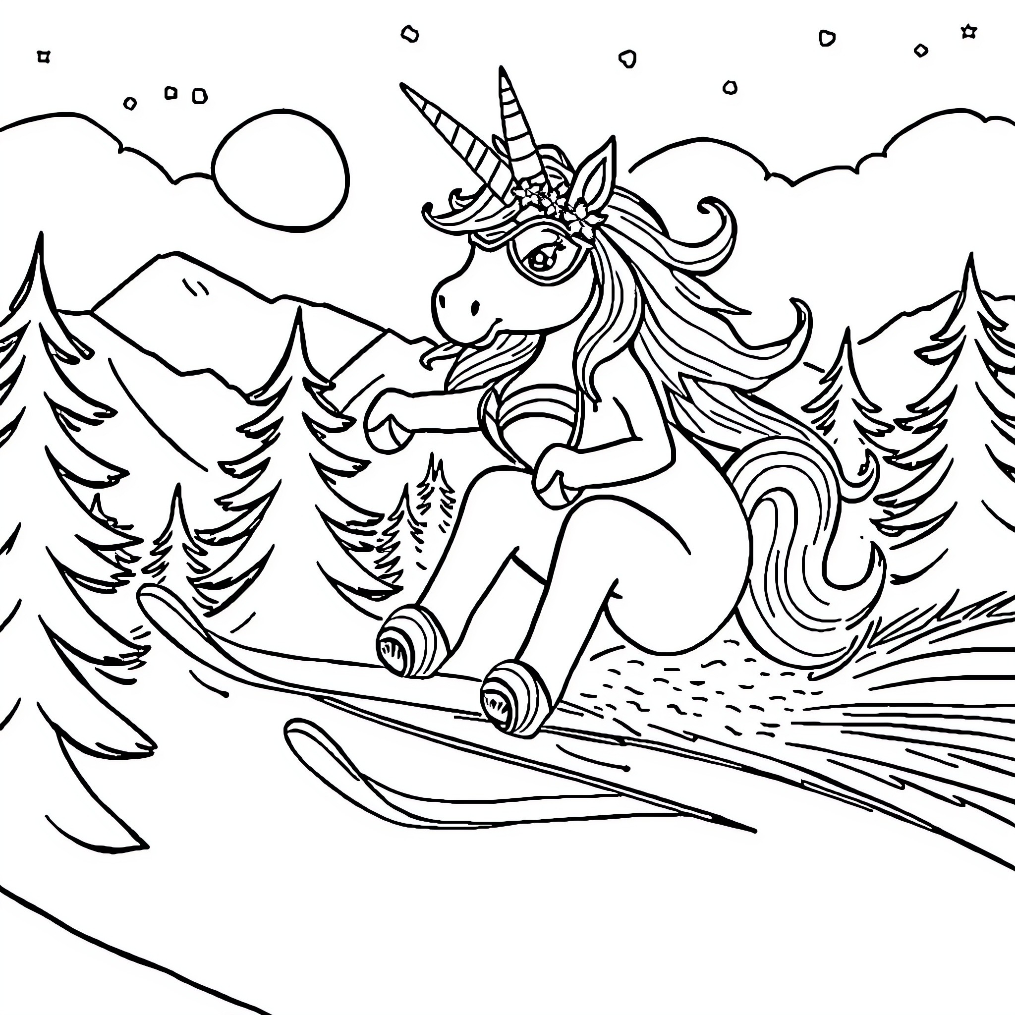 Unicorn skiing through a snowy winter wonderland Coloring Page (free black-and-white line drawing printable PDF for all, from beginners to advanced learners, including children, teens, adults, and seniors)