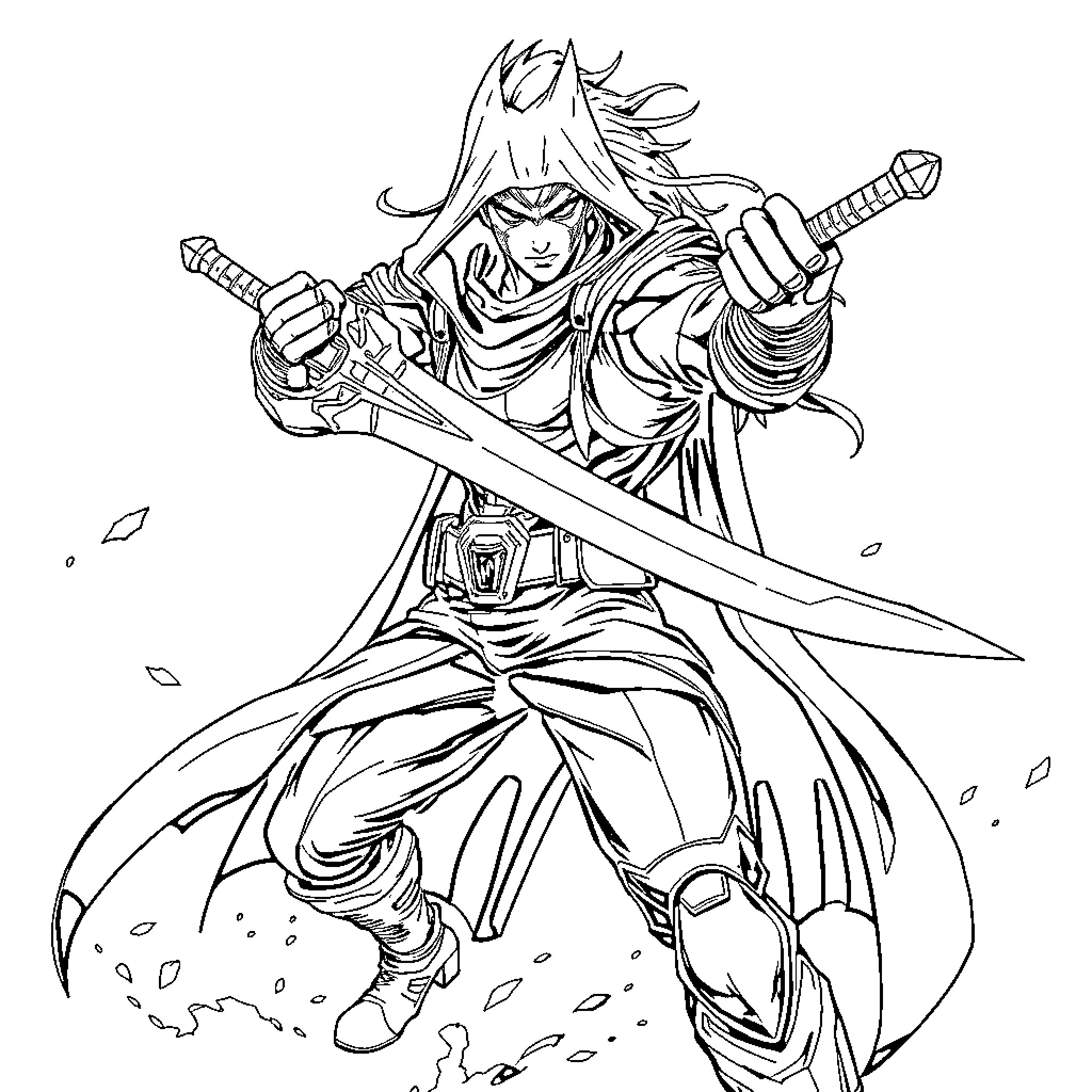 BladerX Warrior Unleashing Powerful Swordsmanship Coloring Page (free black-and-white line drawing printable PDF for all, from beginners to advanced learners, including children, teens, adults, and seniors)
