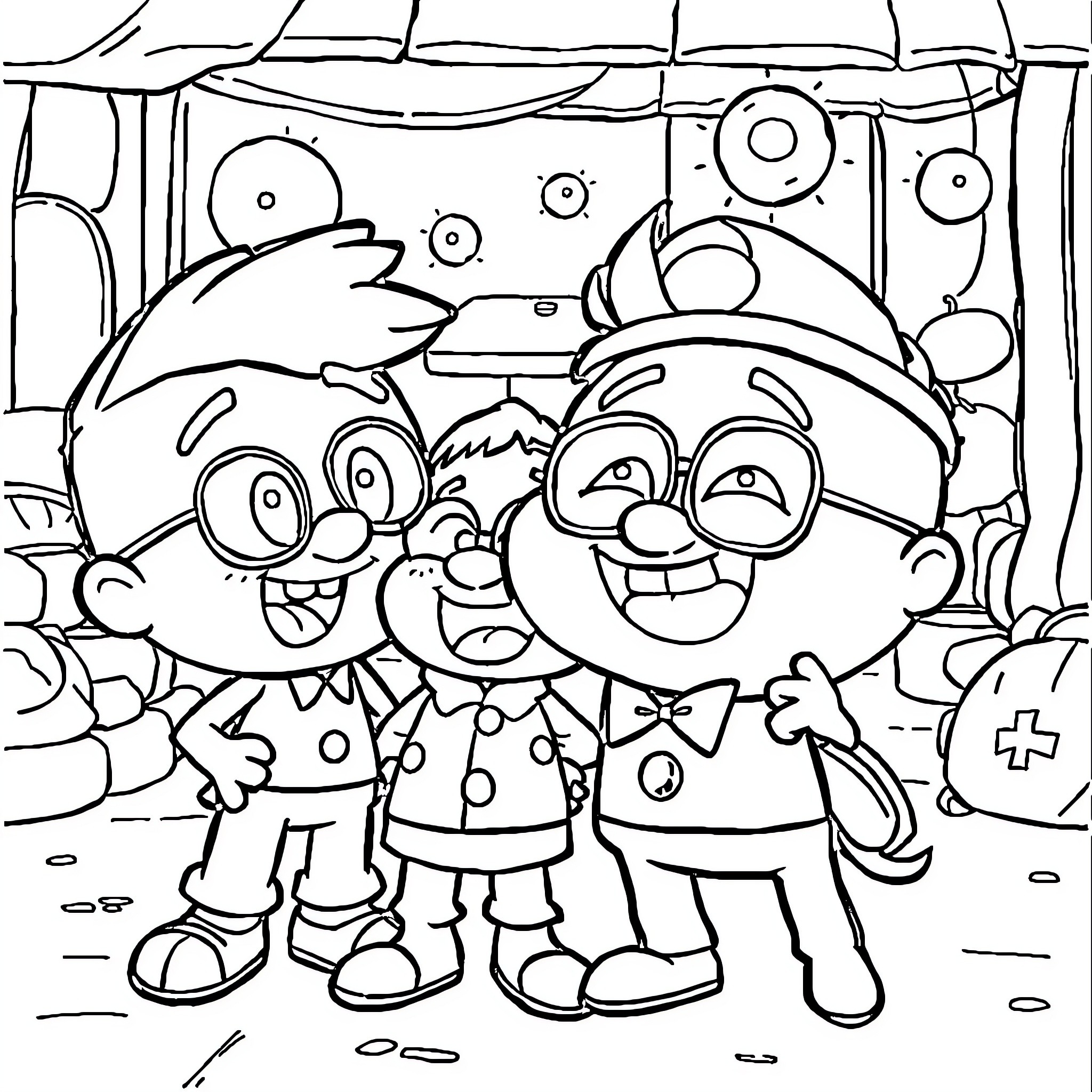 Bluey and friends in their playful adventure Coloring Page (free black-and-white line drawing printable PDF for all, from beginners to advanced learners, including children, teens, adults, and seniors)