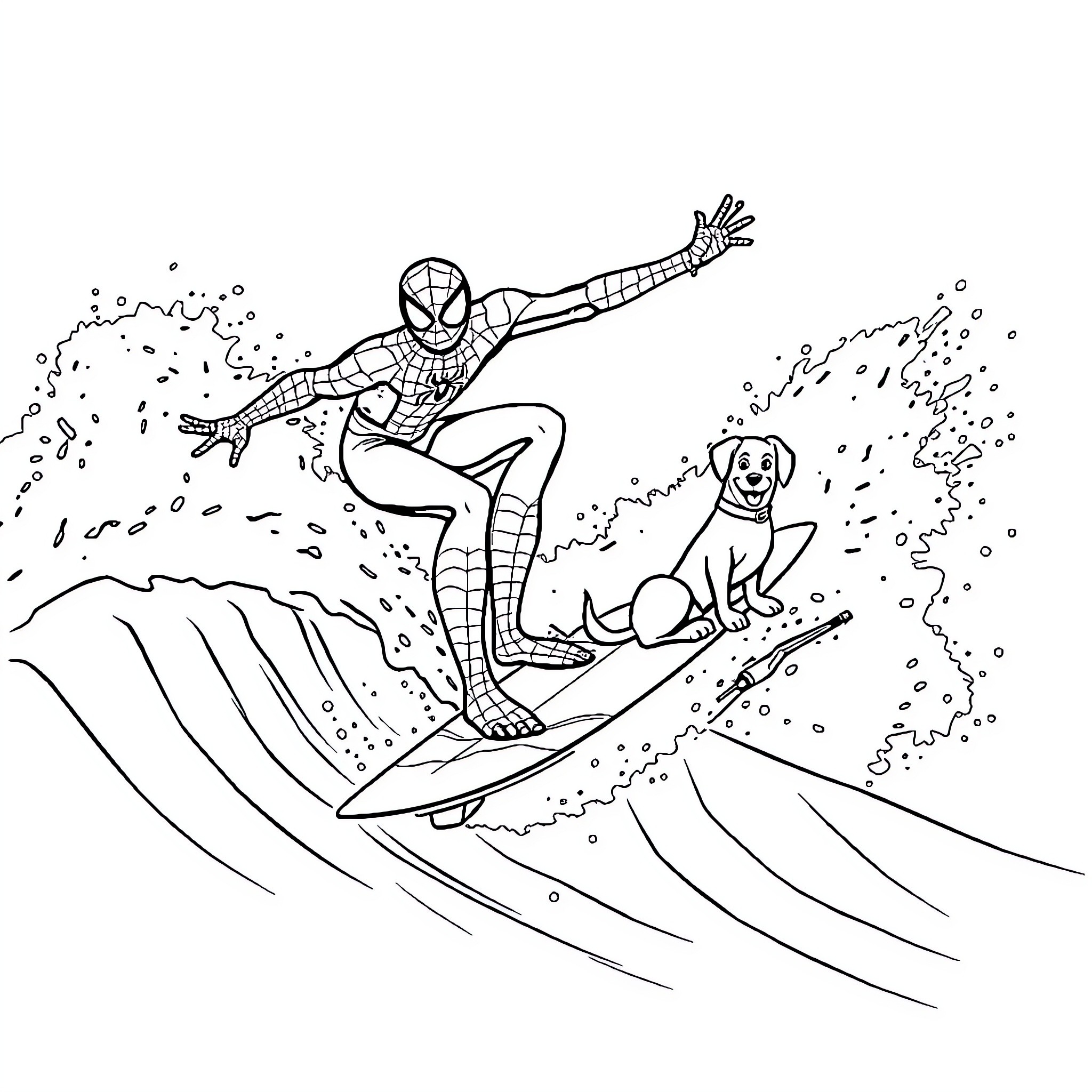 Spiderman surfing with dog on big waves Coloring Page (free black-and-white line drawing printable PDF for all, from beginners to advanced learners, including children, teens, adults, and seniors)