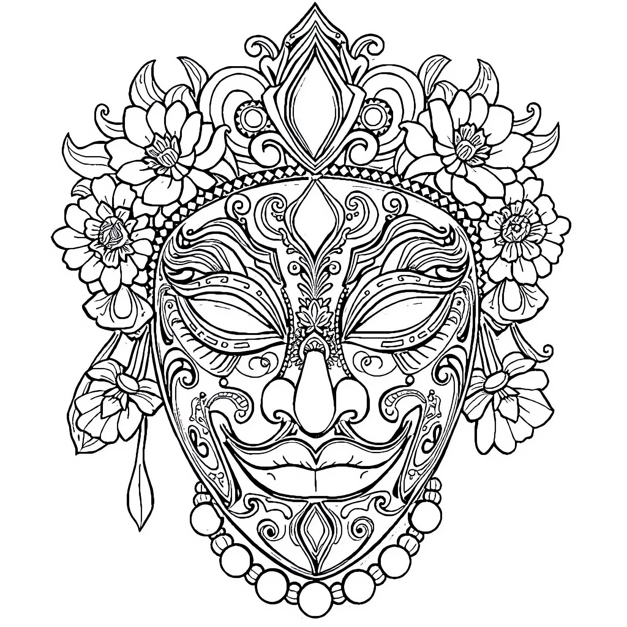 Hanya Mask with Ornate Floral Decorations Coloring Page (free black-and-white line drawing printable PDF for all, from beginners to advanced learners, including children, teens, adults, and seniors)