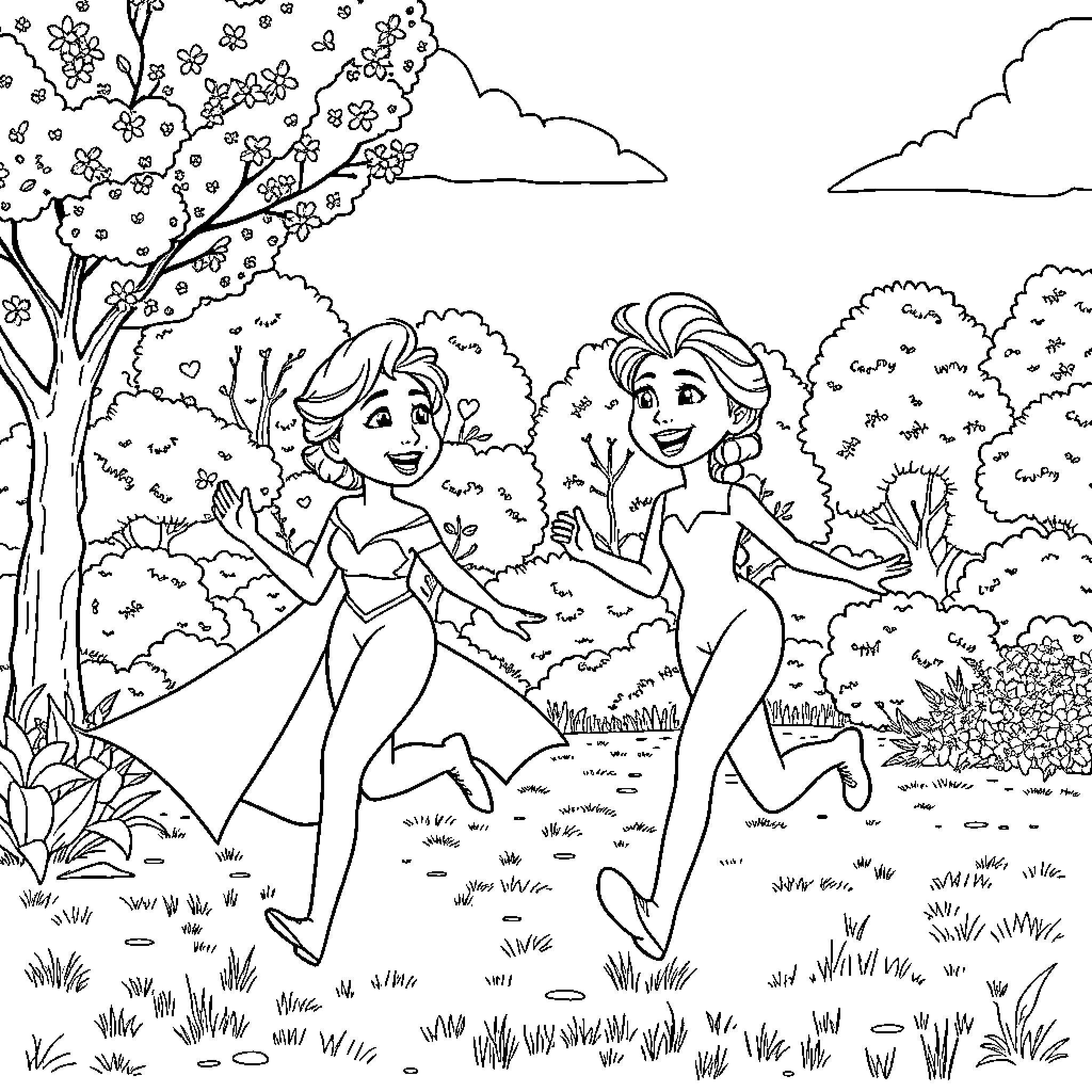 Elsa and Anna playing joyfully in a spring garden Coloring Page (free black-and-white line drawing printable PDF for all, from beginners to advanced learners, including children, teens, adults, and seniors)