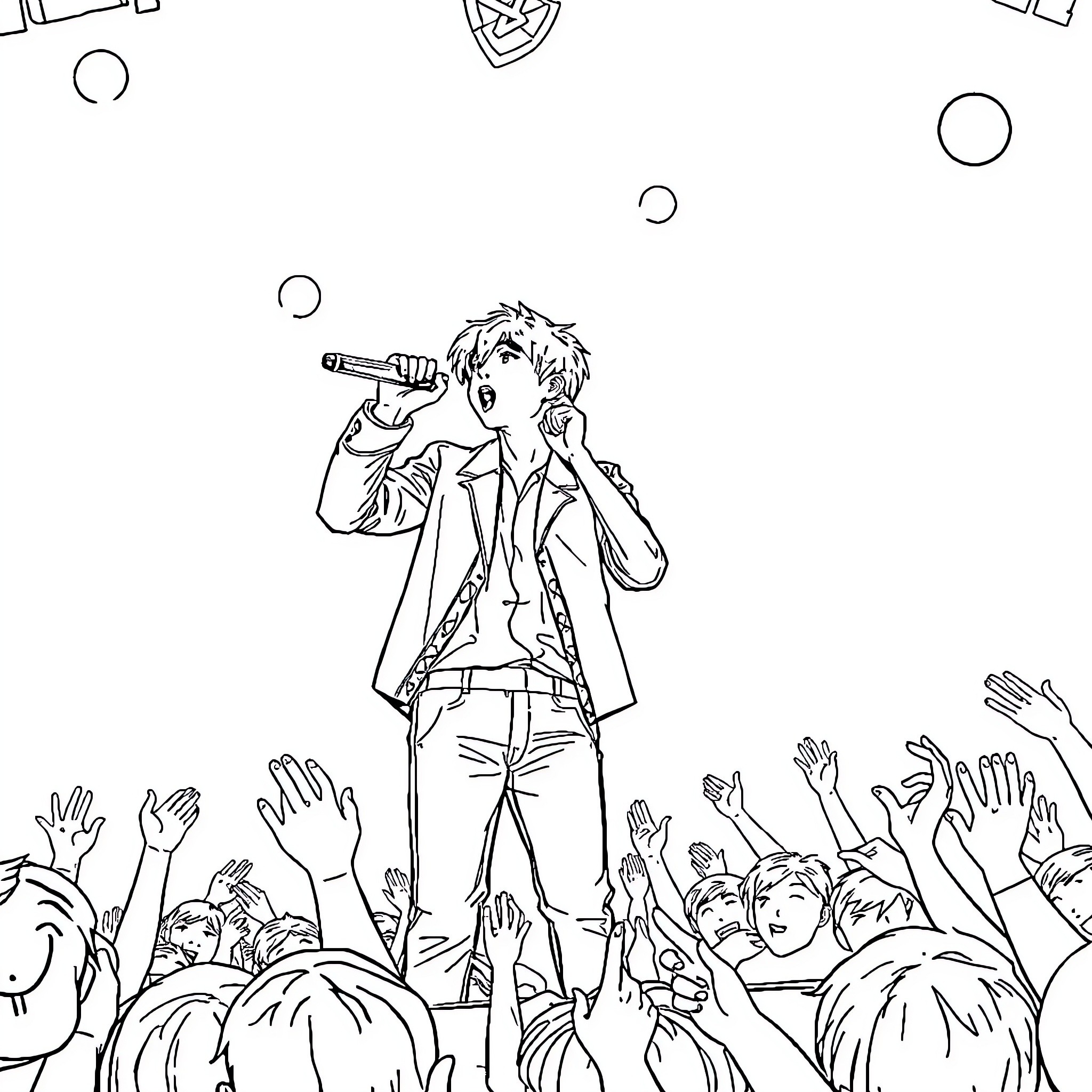 Han performing energetically before an enthusiastic crowd Coloring Page (free black-and-white line drawing printable PDF for all, from beginners to advanced learners, including children, teens, adults, and seniors)
