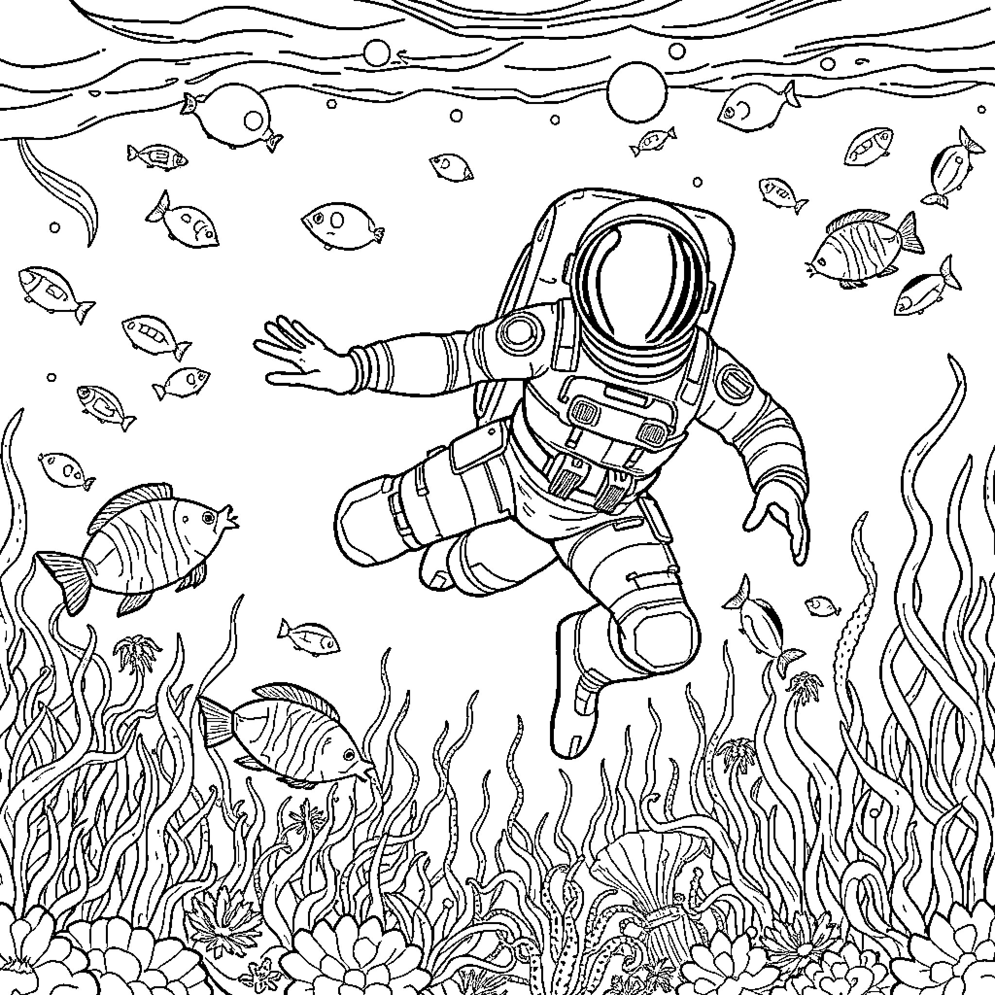 Spaceman exploring underwater marine life Coloring Page (free black-and-white line drawing printable PDF for all, from beginners to advanced learners, including children, teens, adults, and seniors)