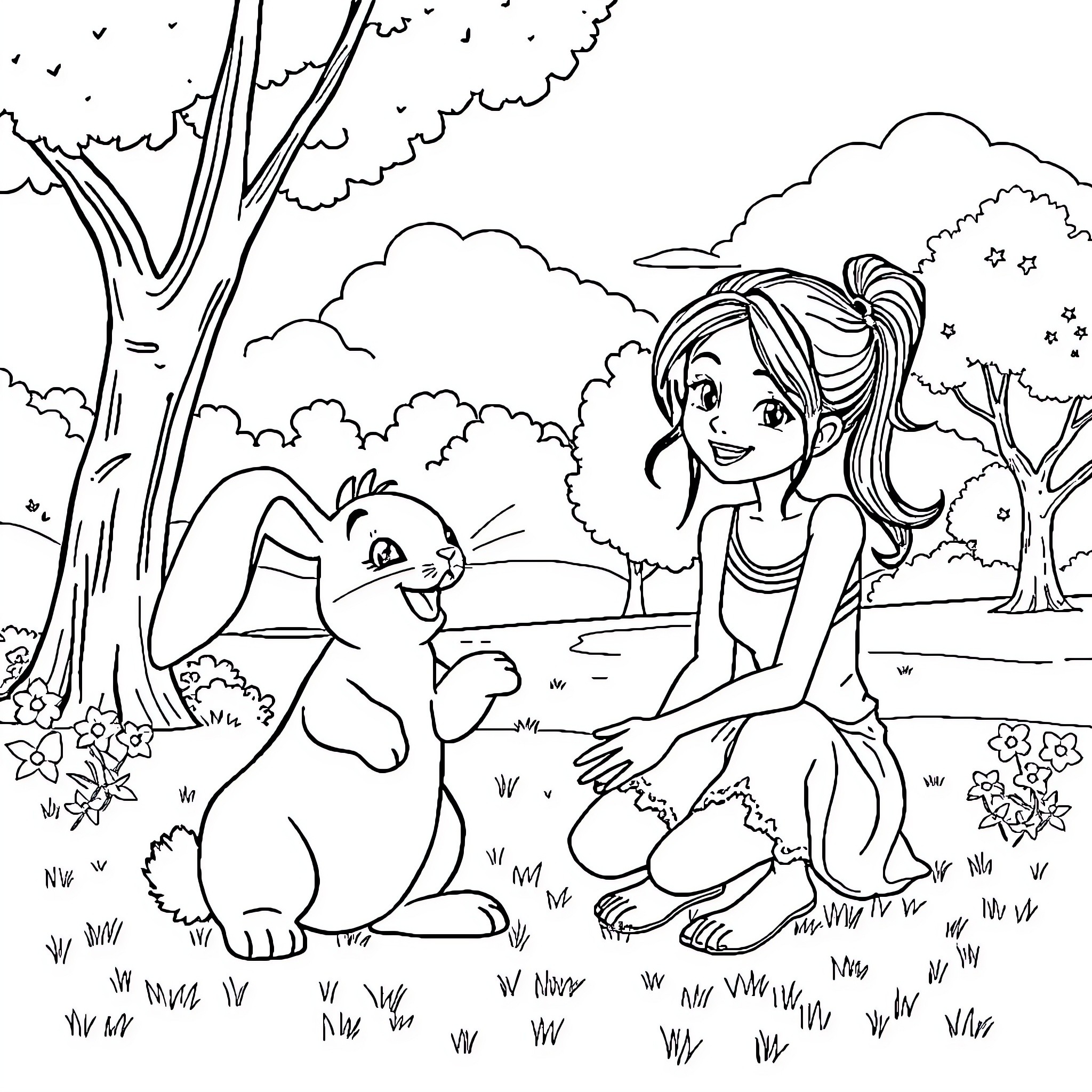 Bunny and girl playing in nature Coloring Page (free black-and-white line drawing printable PDF for all, from beginners to advanced learners, including children, teens, adults, and seniors)