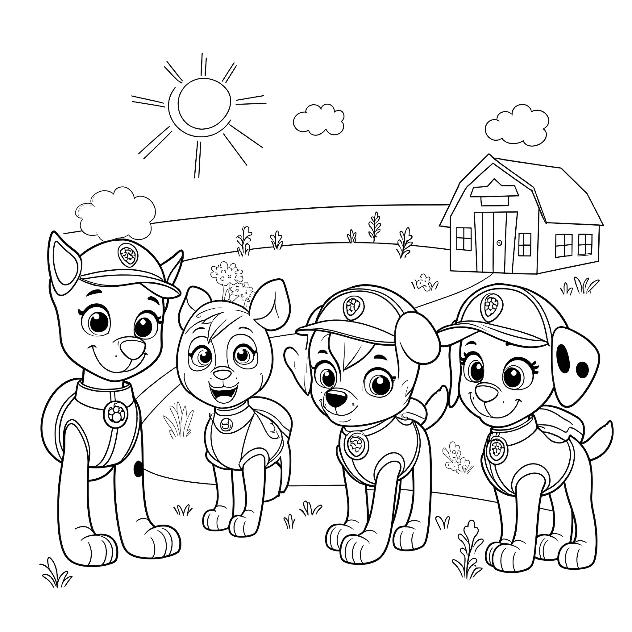 Paw Patrol pups on a farm adventure Coloring Page (free black-and-white line drawing printable PDF for all, from beginners to advanced learners, including children, teens, adults, and seniors)