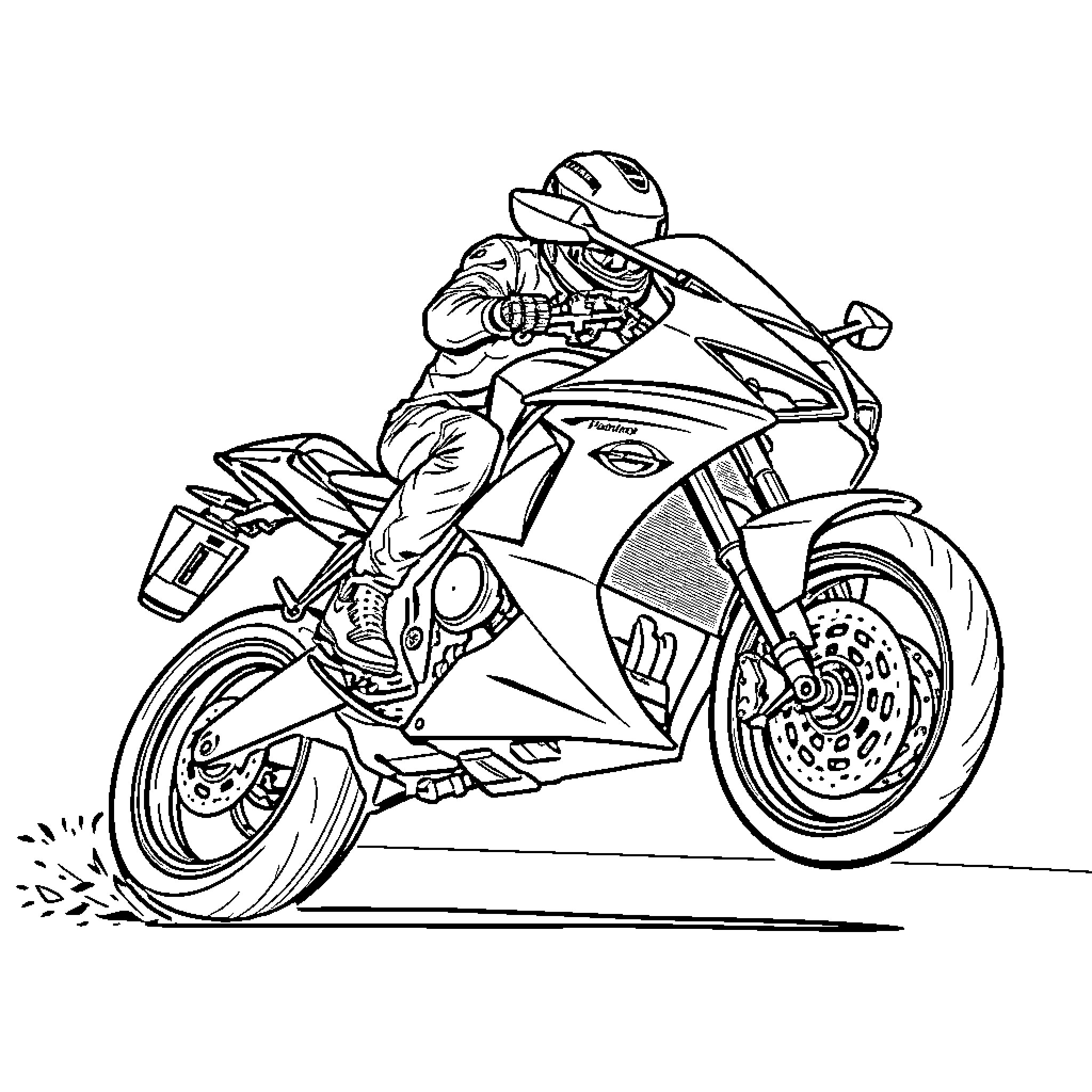 Motorcycle rider in action on the road Coloring Page (free black-and-white line drawing printable PDF for all, from beginners to advanced learners, including children, teens, adults, and seniors)
