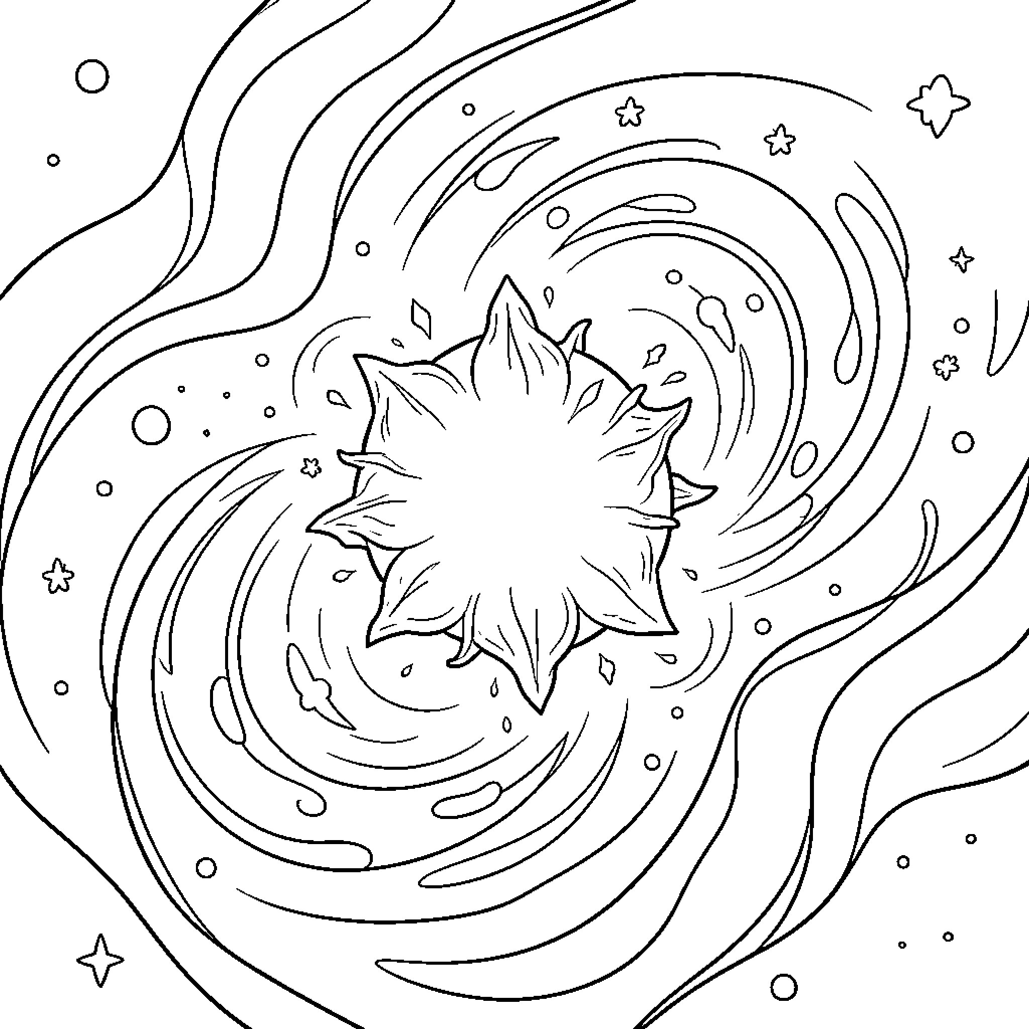 Nucleus of Stars and Cosmic Swirls Coloring Page (free black-and-white line drawing printable PDF for all, from beginners to advanced learners, including children, teens, adults, and seniors)